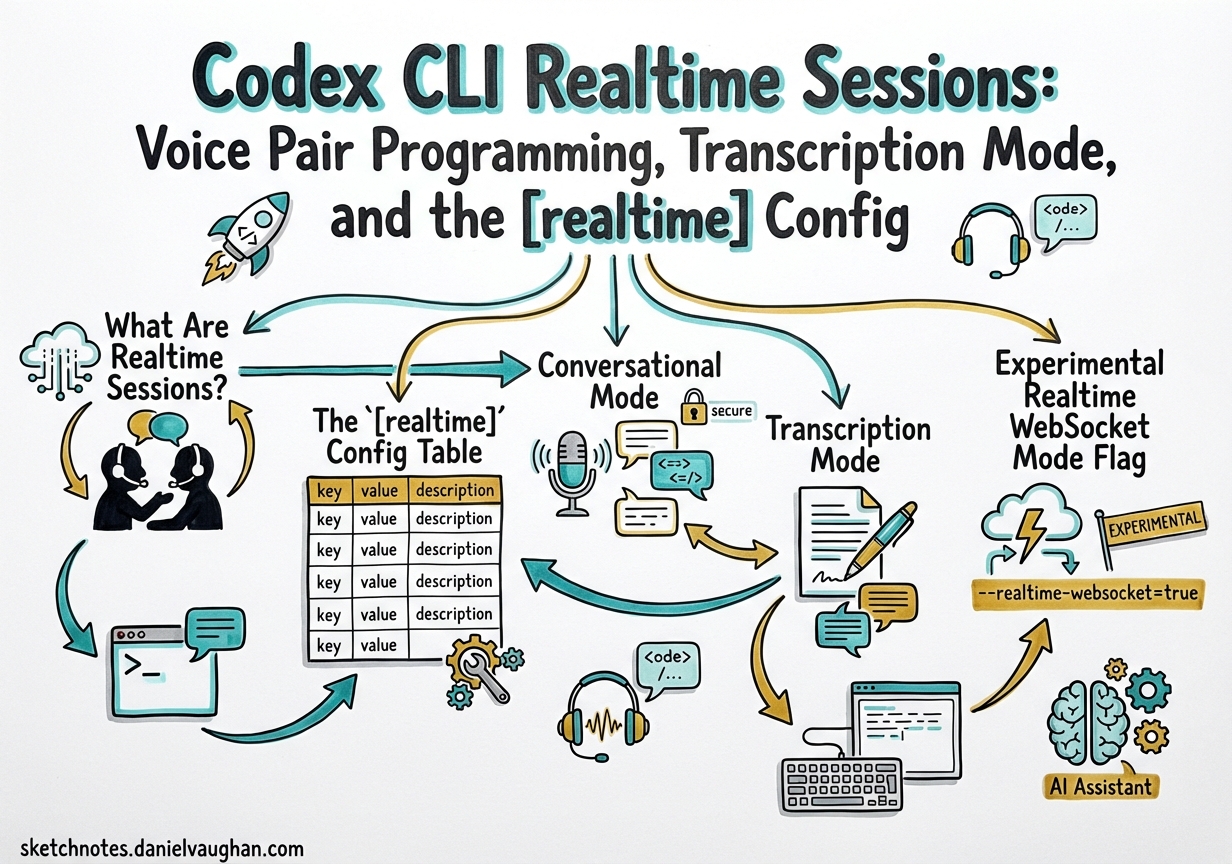 Sketchnote: Codex CLI Realtime Sessions: Voice Pair Programming, Transcription Mode, and the [realtime] Config