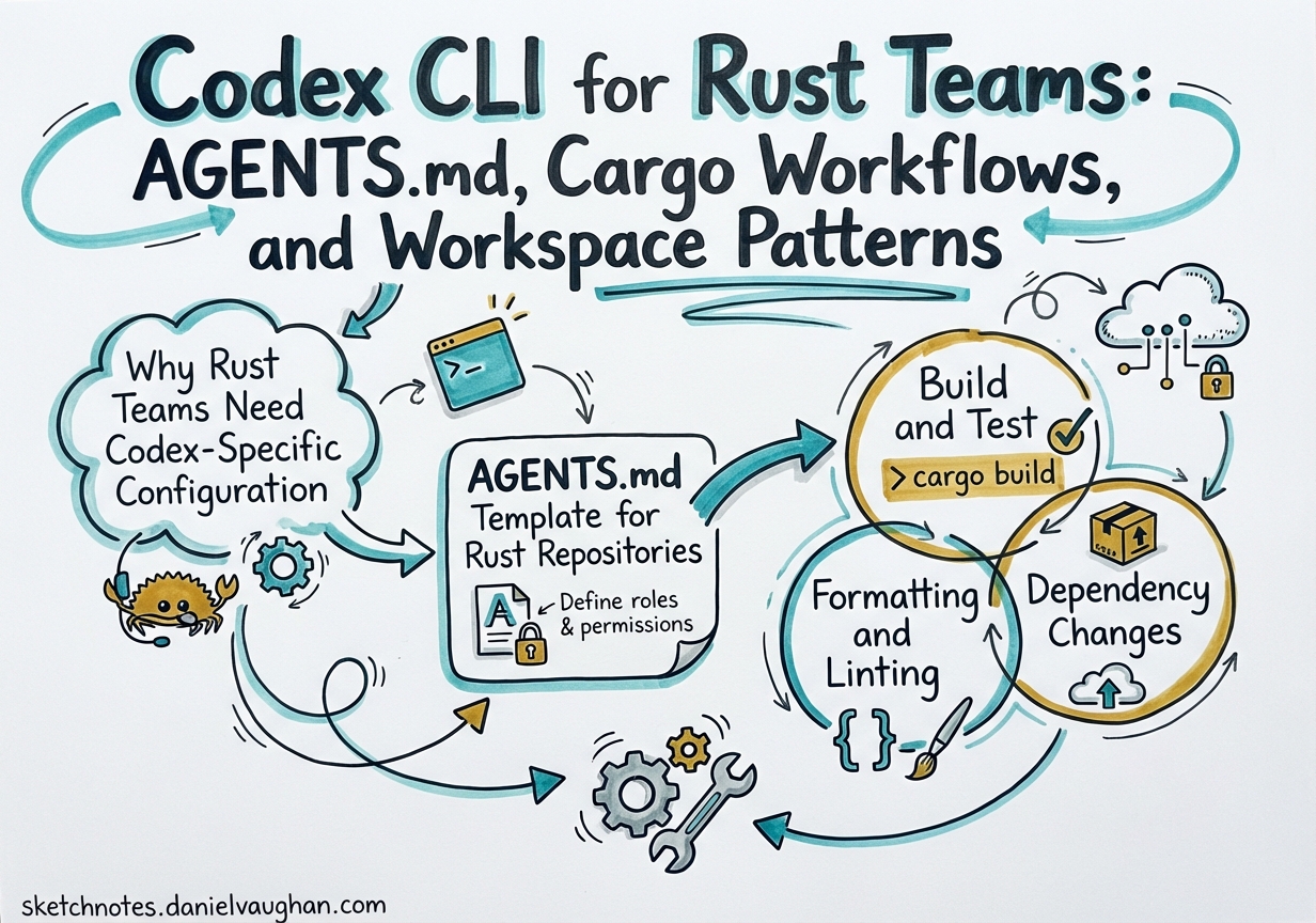 Sketchnote diagram for: Codex CLI for Rust Teams: AGENTS.md, Cargo Workflows, and Workspace Patterns