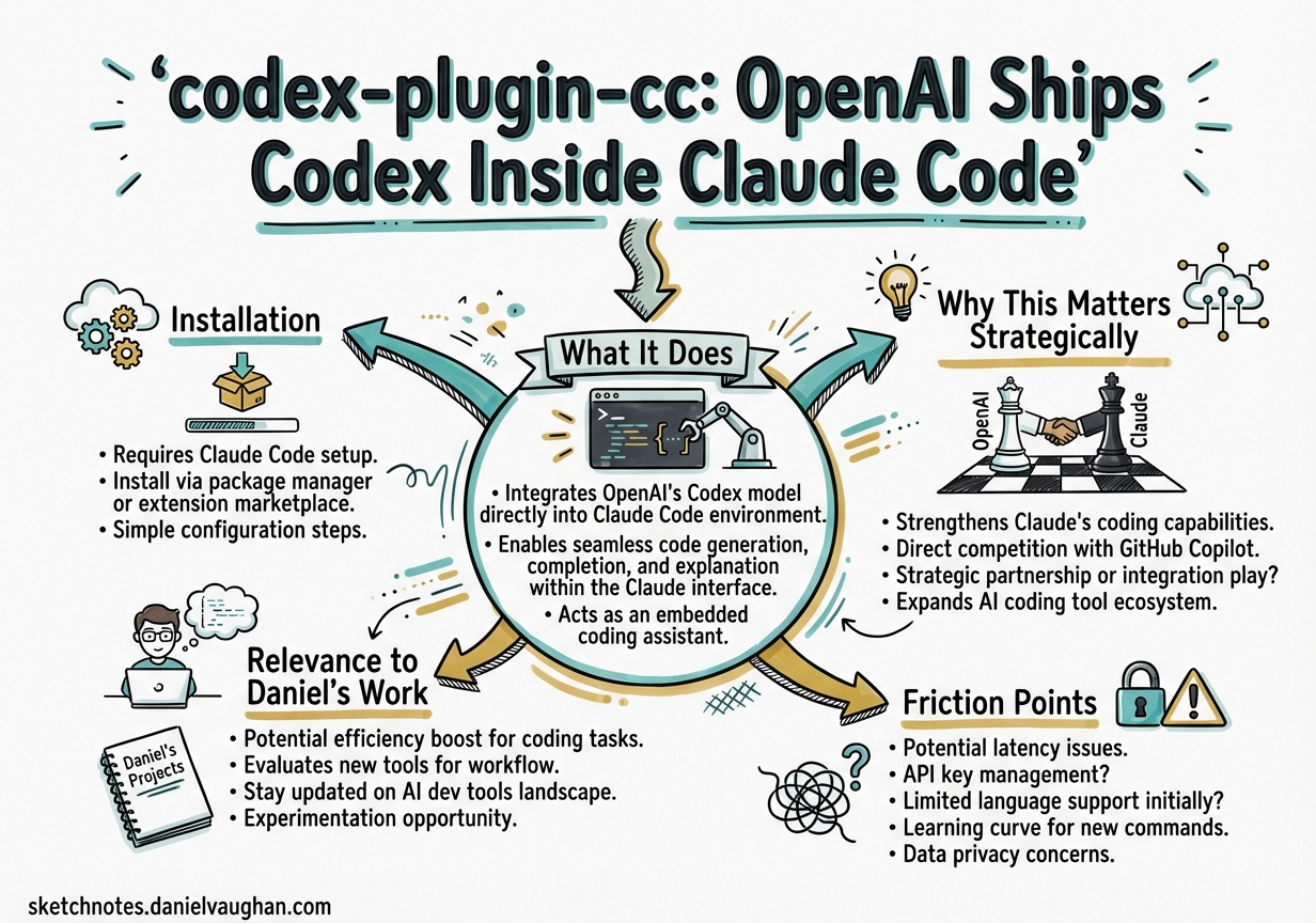 Sketchnote diagram for: codex-plugin-cc: OpenAI Ships Codex Inside Claude Code