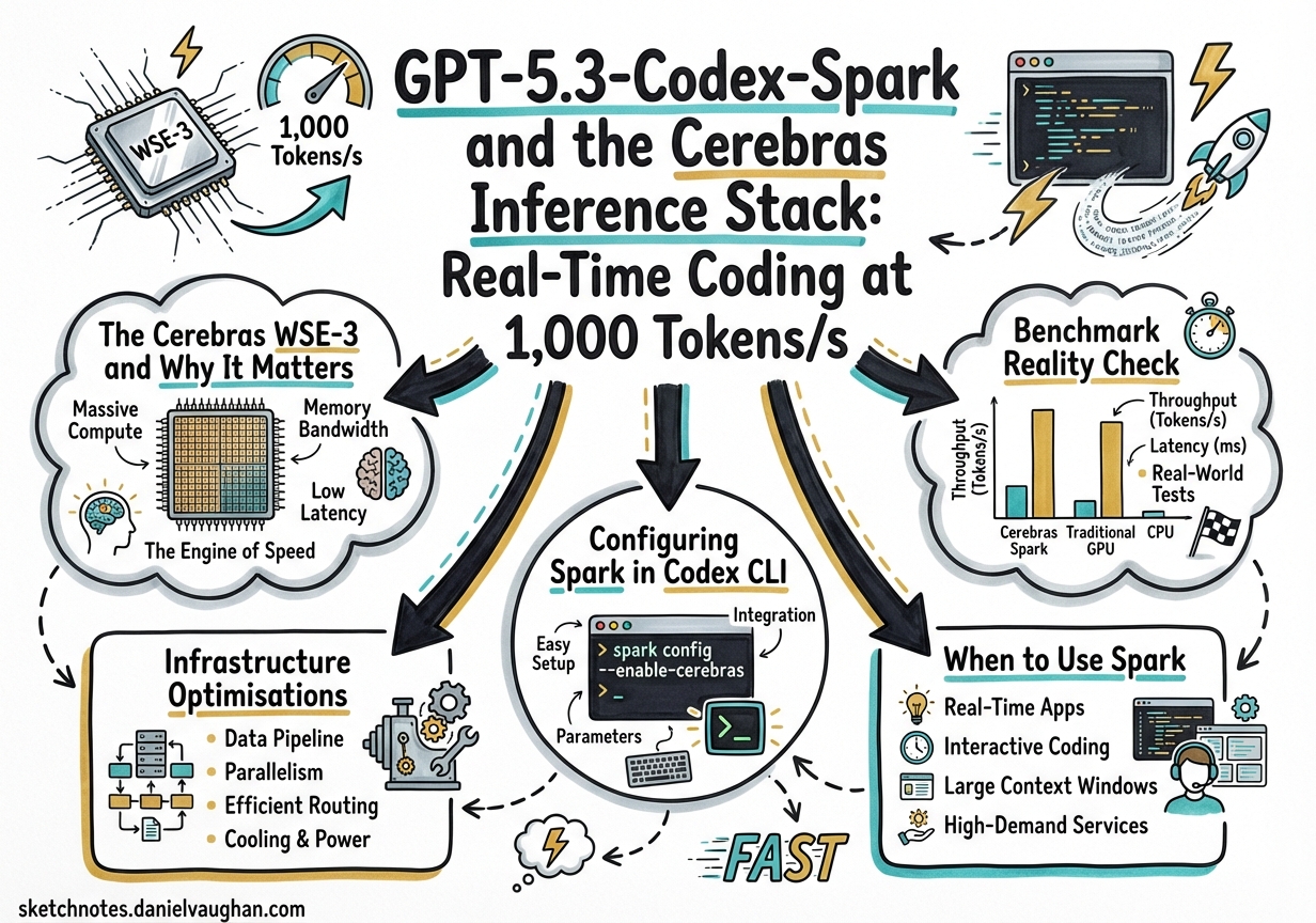 Sketchnote diagram for: GPT-5.3-Codex-Spark and the Cerebras Inference Stack: Real-Time Coding at 1,000 Tokens per Second