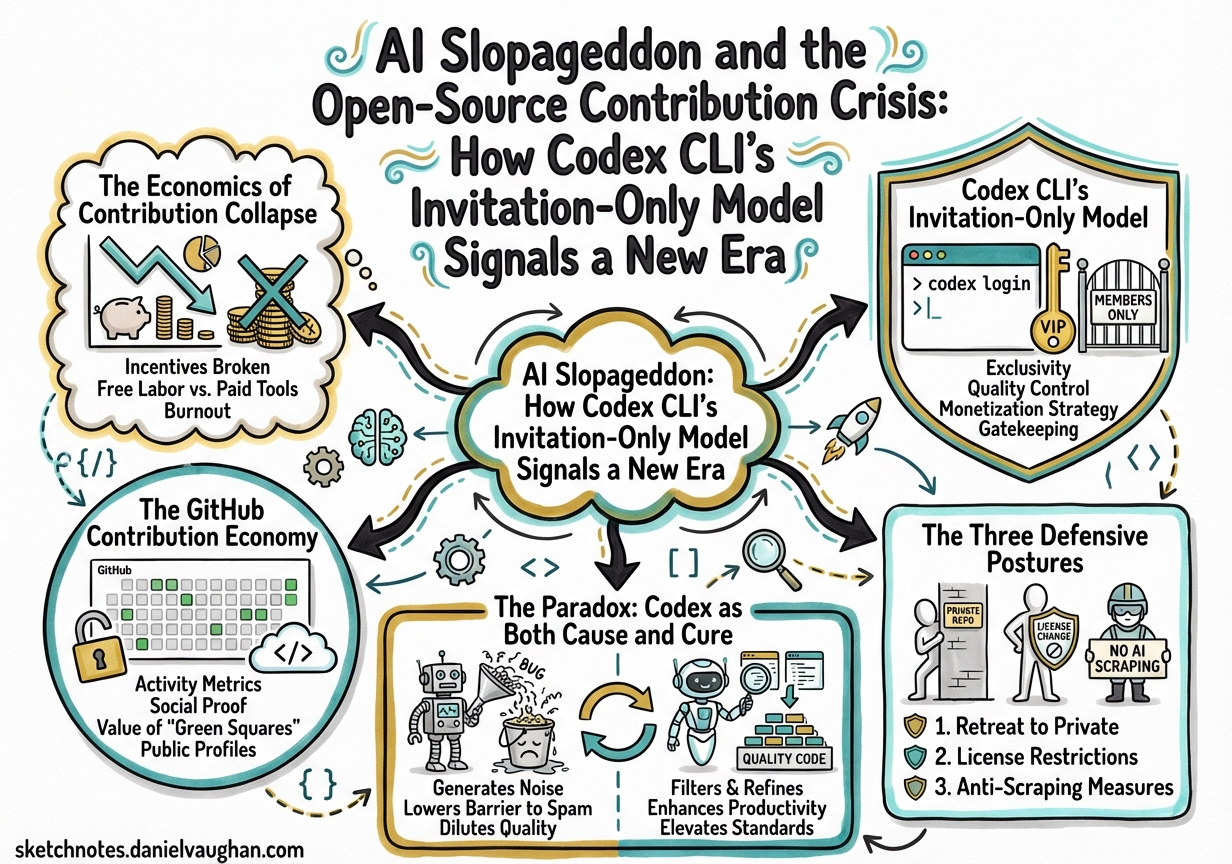 Sketchnote diagram for: AI Slopageddon and the Open-Source Contribution Crisis: How Codex CLI's Invitation-Only Model Signals a New Era