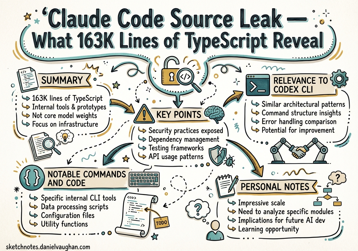 Sketchnote diagram for: Claude Code Source Leak — What 163K Lines of TypeScript Reveal About Anthropic's Engineering