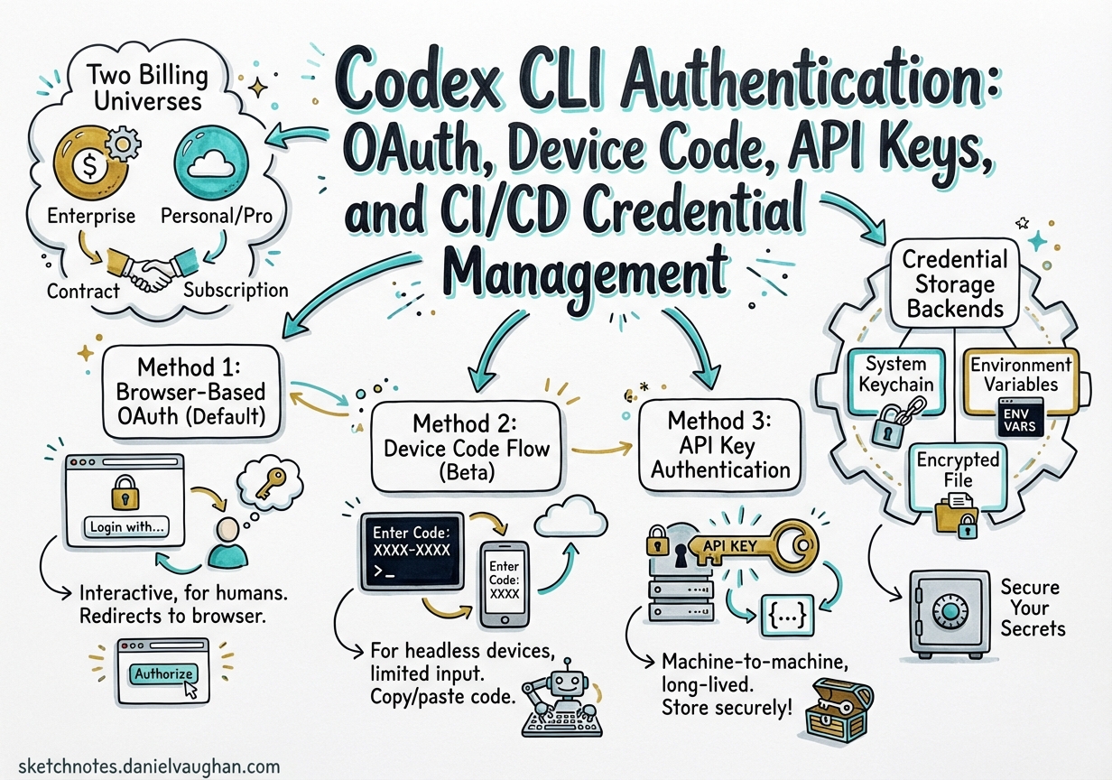 Sketchnote diagram for: Codex CLI Authentication: OAuth, Device Code, API Keys, and CI/CD Credential Management