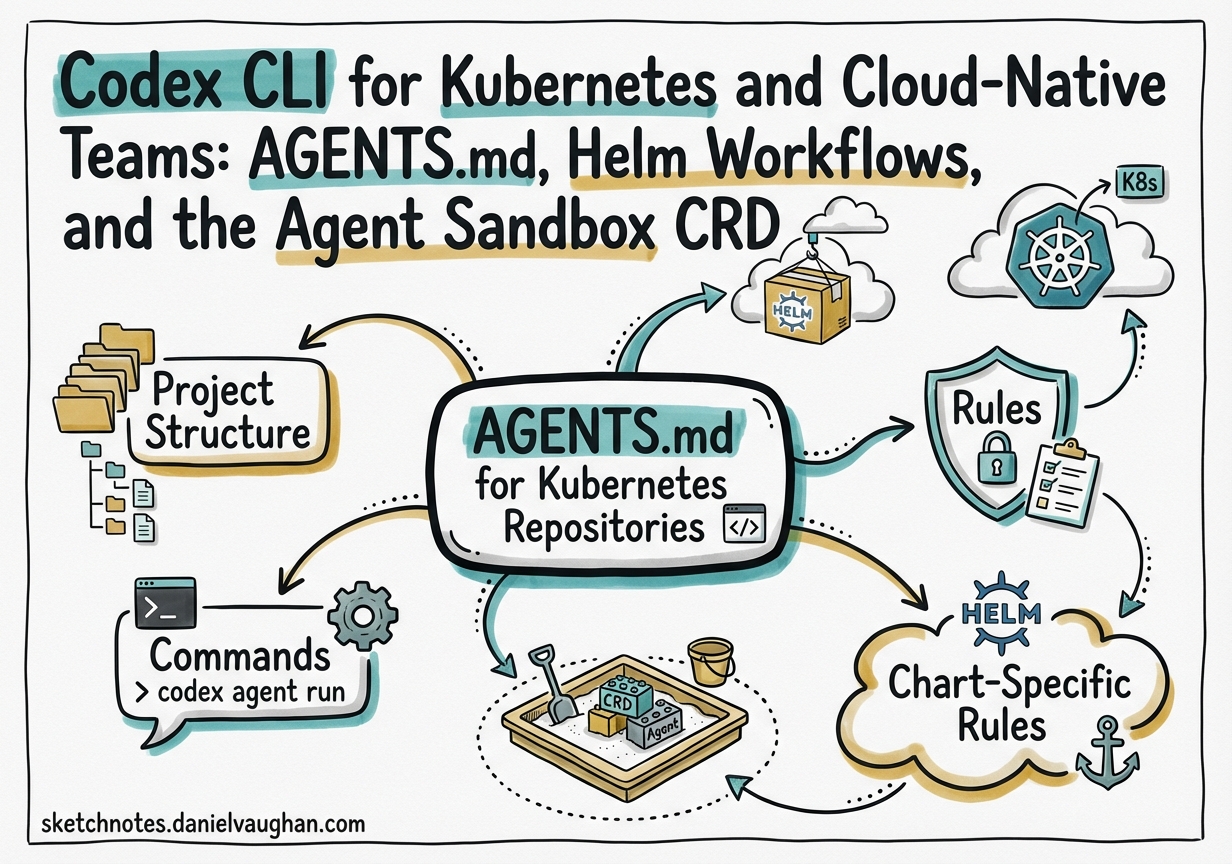 Sketchnote diagram for: Codex CLI for Kubernetes and Cloud-Native Teams: AGENTS.md, Helm Workflows, and the Agent Sandbox CRD