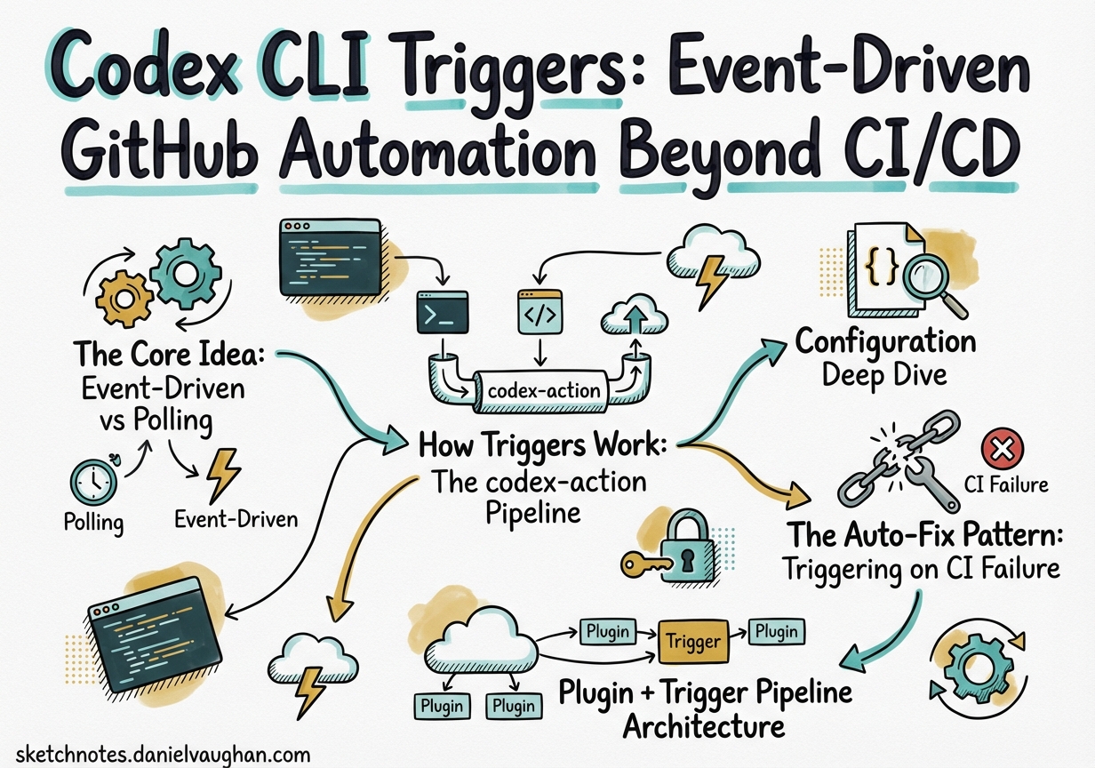 Sketchnote diagram for: Codex CLI Triggers: Event-Driven GitHub Automation Beyond CI/CD