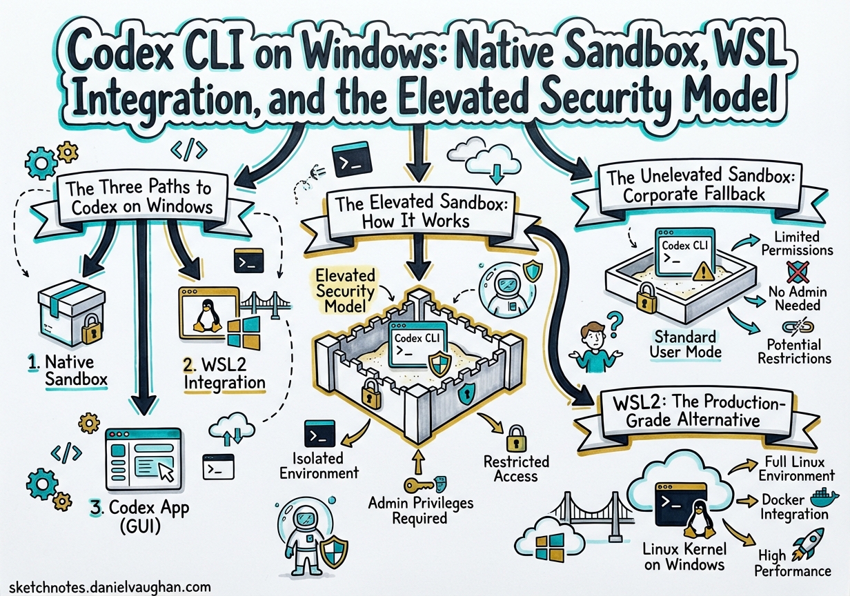 Sketchnote diagram for: Codex CLI on Windows: Native Sandbox, WSL Integration, and the Elevated Security Model