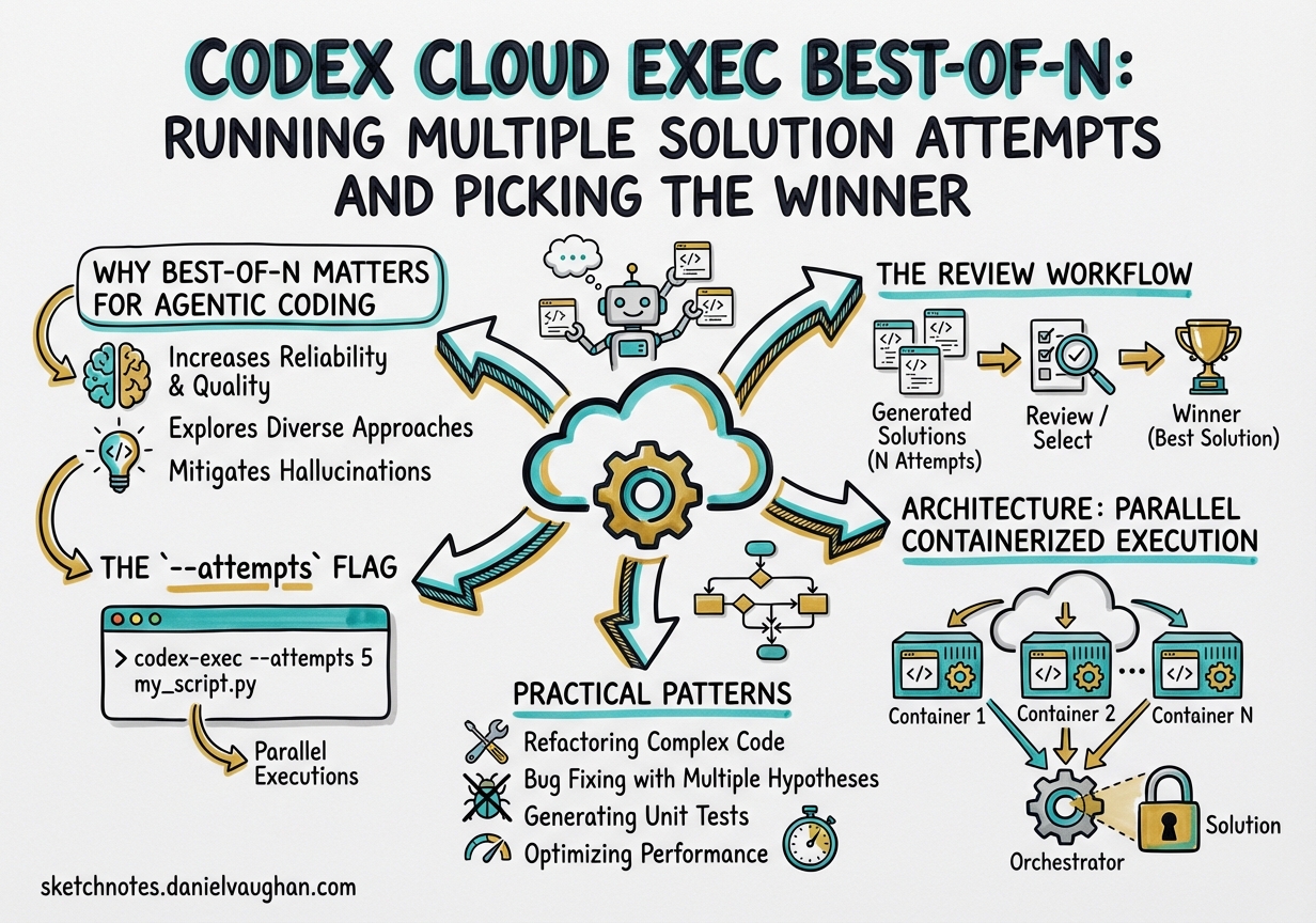 Sketchnote diagram for: Codex Cloud Exec Best-of-N: Running Multiple Solution Attempts and Picking the Winner