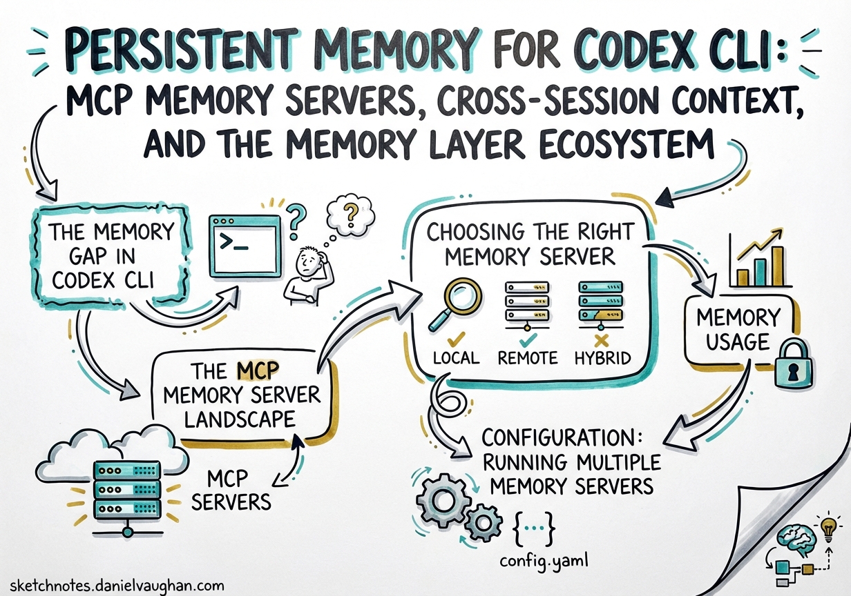 Sketchnote diagram for: Persistent Memory for Codex CLI: MCP Memory Servers, Cross-Session Context, and the Memory Layer Ecosystem