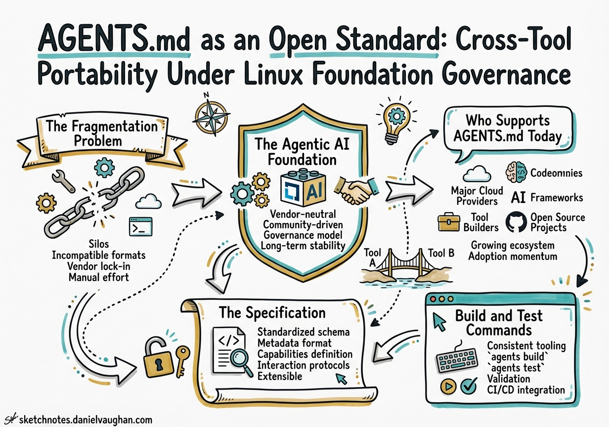 Sketchnote diagram for: AGENTS.md as an Open Standard: Cross-Tool Portability Under Linux Foundation Governance