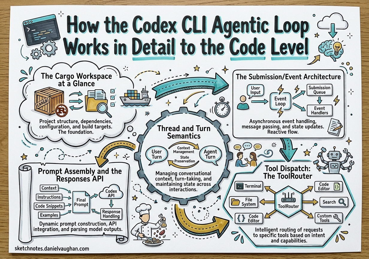 Sketchnote diagram for: How the Codex CLI Agentic Loop Works in Detail to the Code Level
