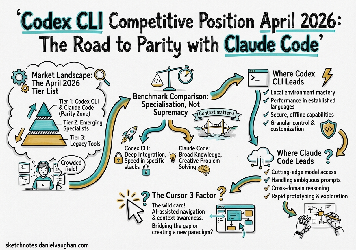 Sketchnote diagram for: Codex CLI Competitive Position April 2026: The Road to Parity with Claude Code