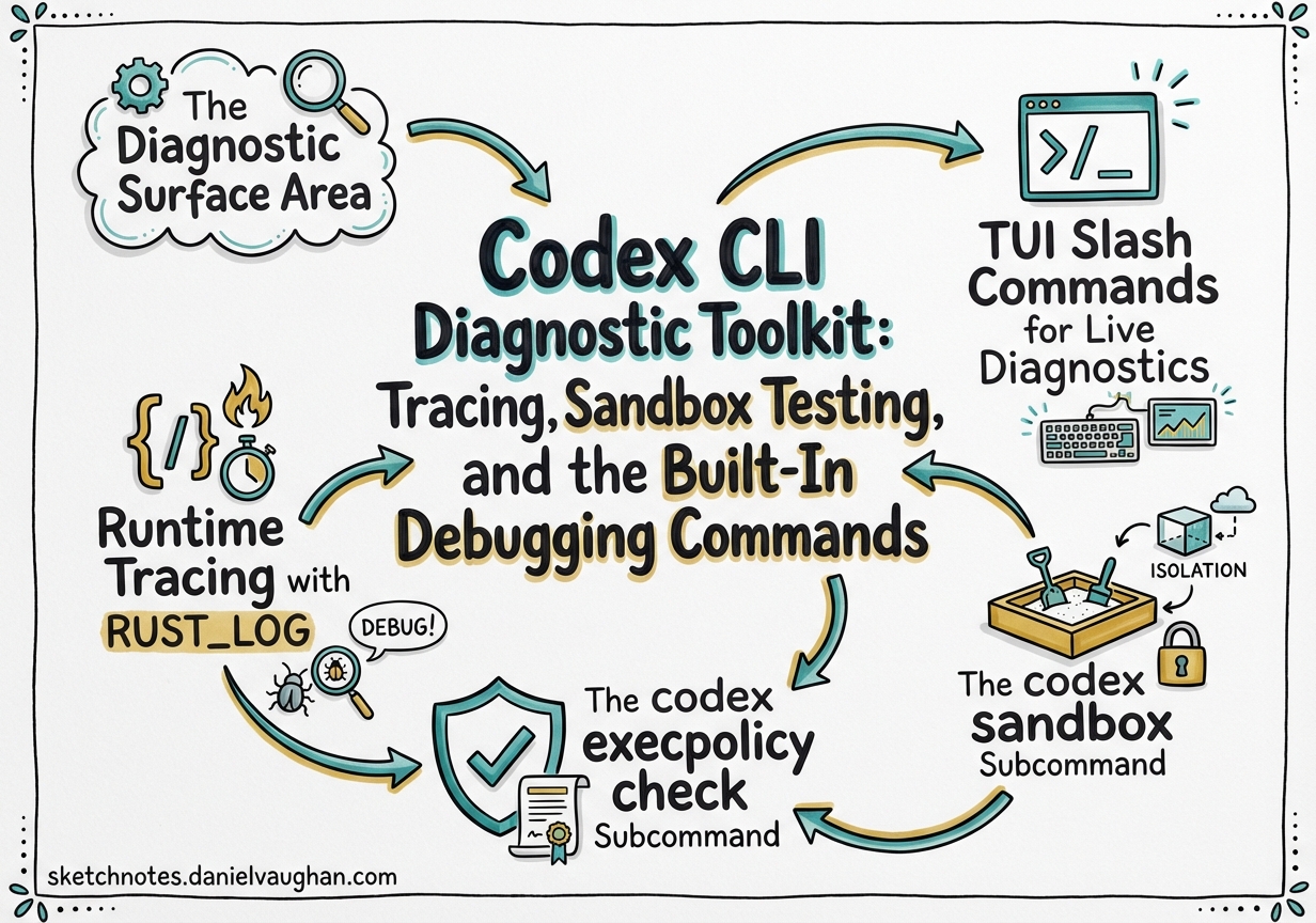 Sketchnote diagram for: Codex CLI Diagnostic Toolkit: Tracing, Sandbox Testing, and the Built-In Debugging Commands