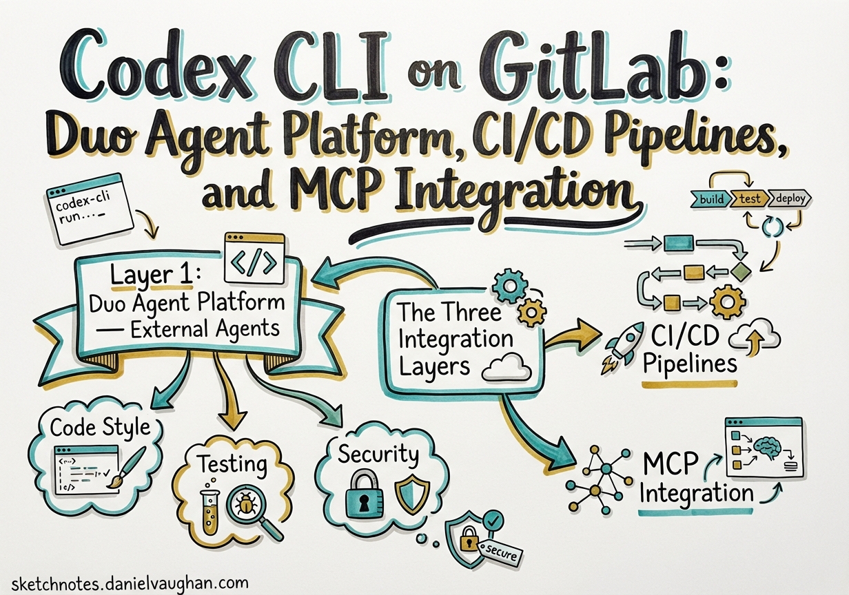 Sketchnote diagram for: Codex CLI on GitLab: Duo Agent Platform, CI/CD Pipelines, and MCP Integration