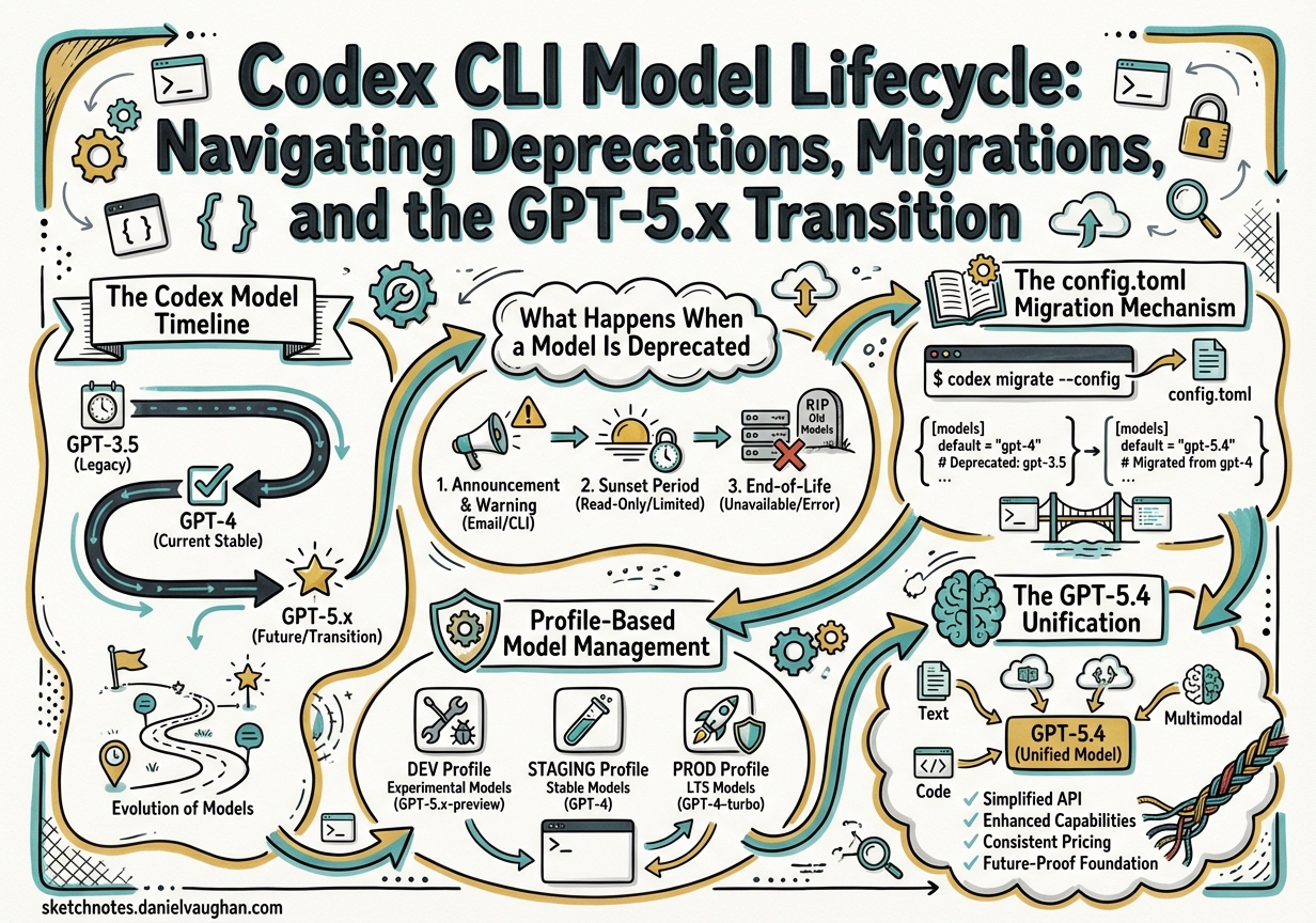 Sketchnote diagram for: Codex CLI Model Lifecycle: Navigating Deprecations, Migrations, and the GPT-5.x Transition