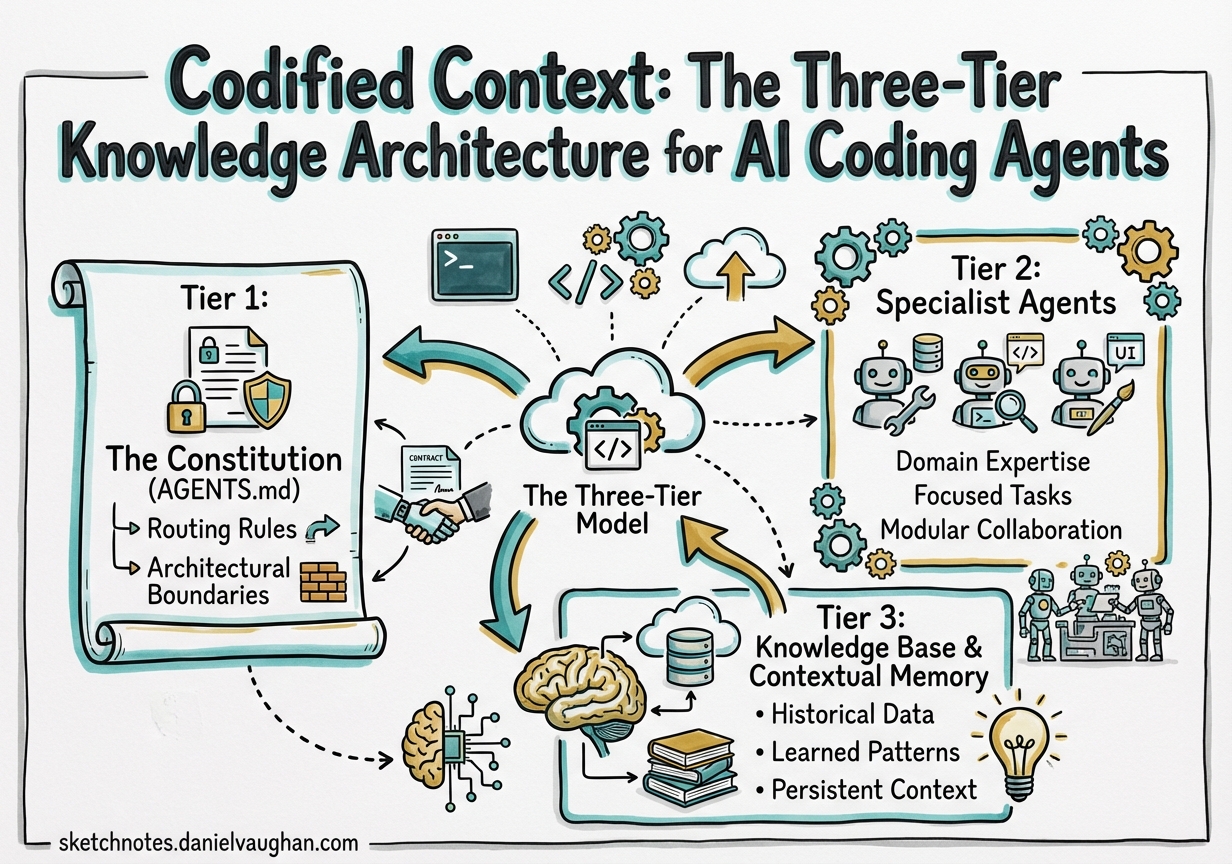 Sketchnote diagram for: Codified Context: The Three-Tier Knowledge Architecture for AI Coding Agents