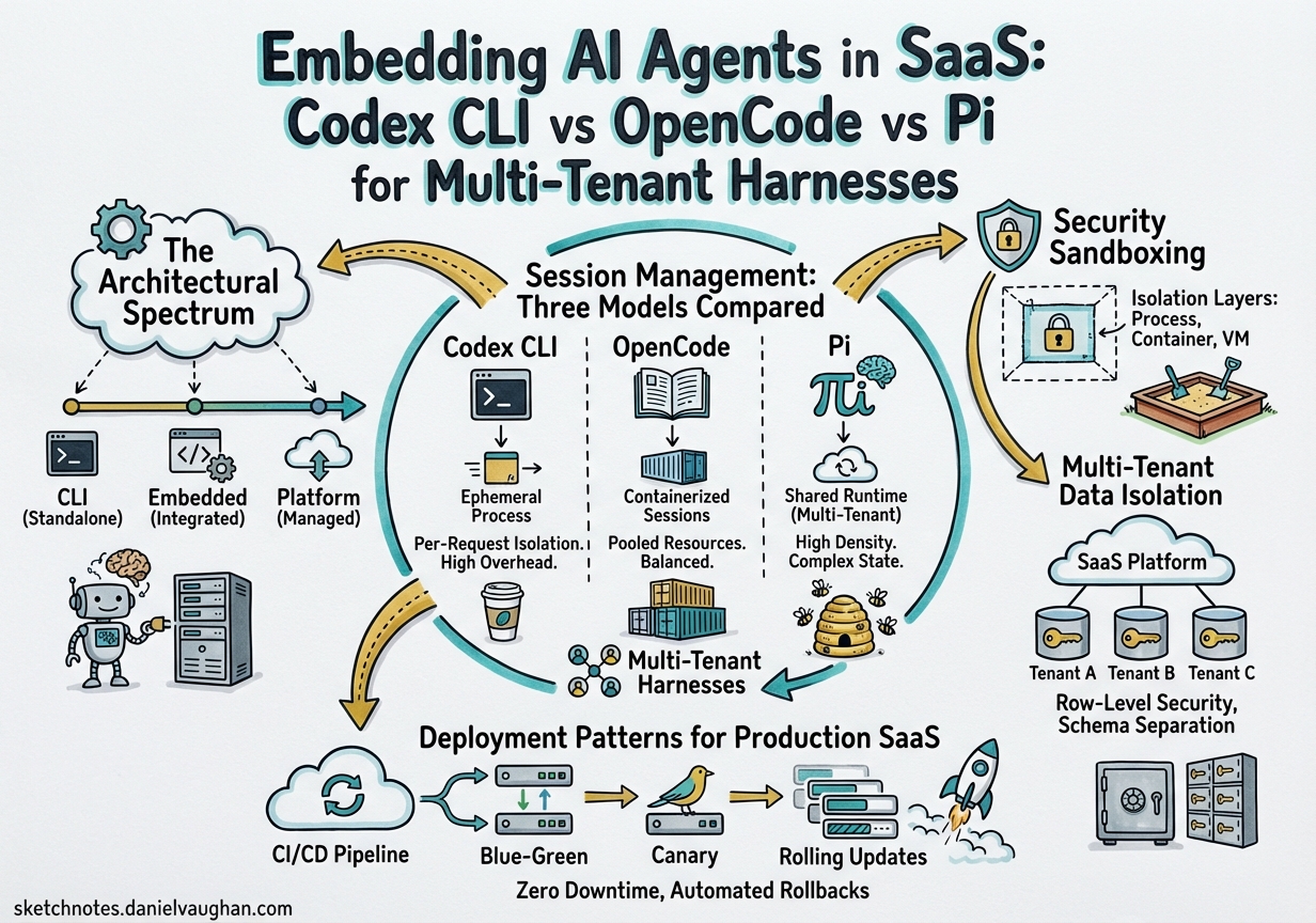 Sketchnote diagram for: Embedding AI Agents in SaaS: Codex CLI vs OpenCode vs Pi for Multi-Tenant Harnesses