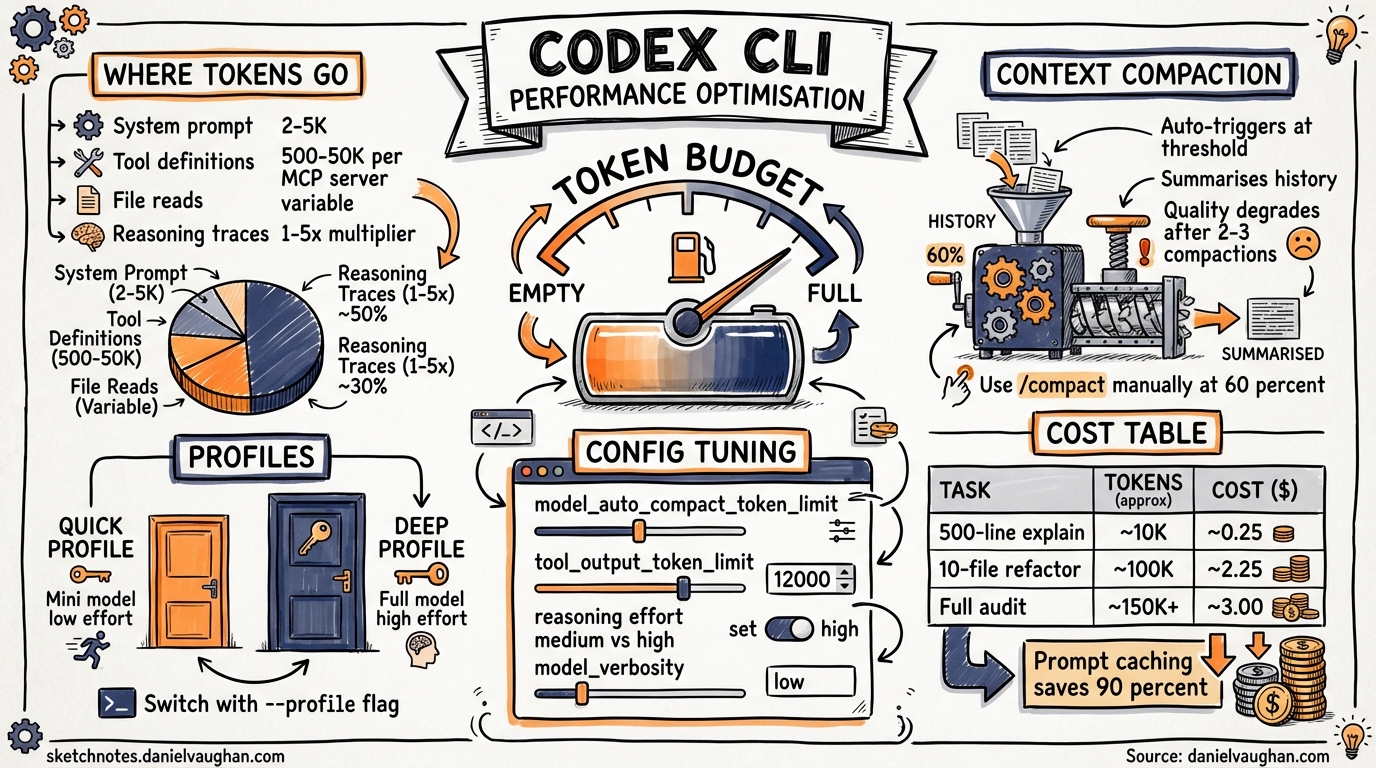 Sketchnote diagram for: Codex CLI Performance Optimisation: Token Overhead, Hidden Costs and Tuning Tactics