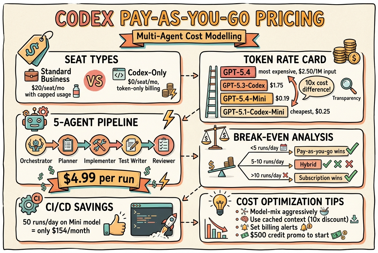 Sketchnote diagram for: Codex Pay-As-You-Go Pricing: Modelling Costs for Multi-Agent Workflows