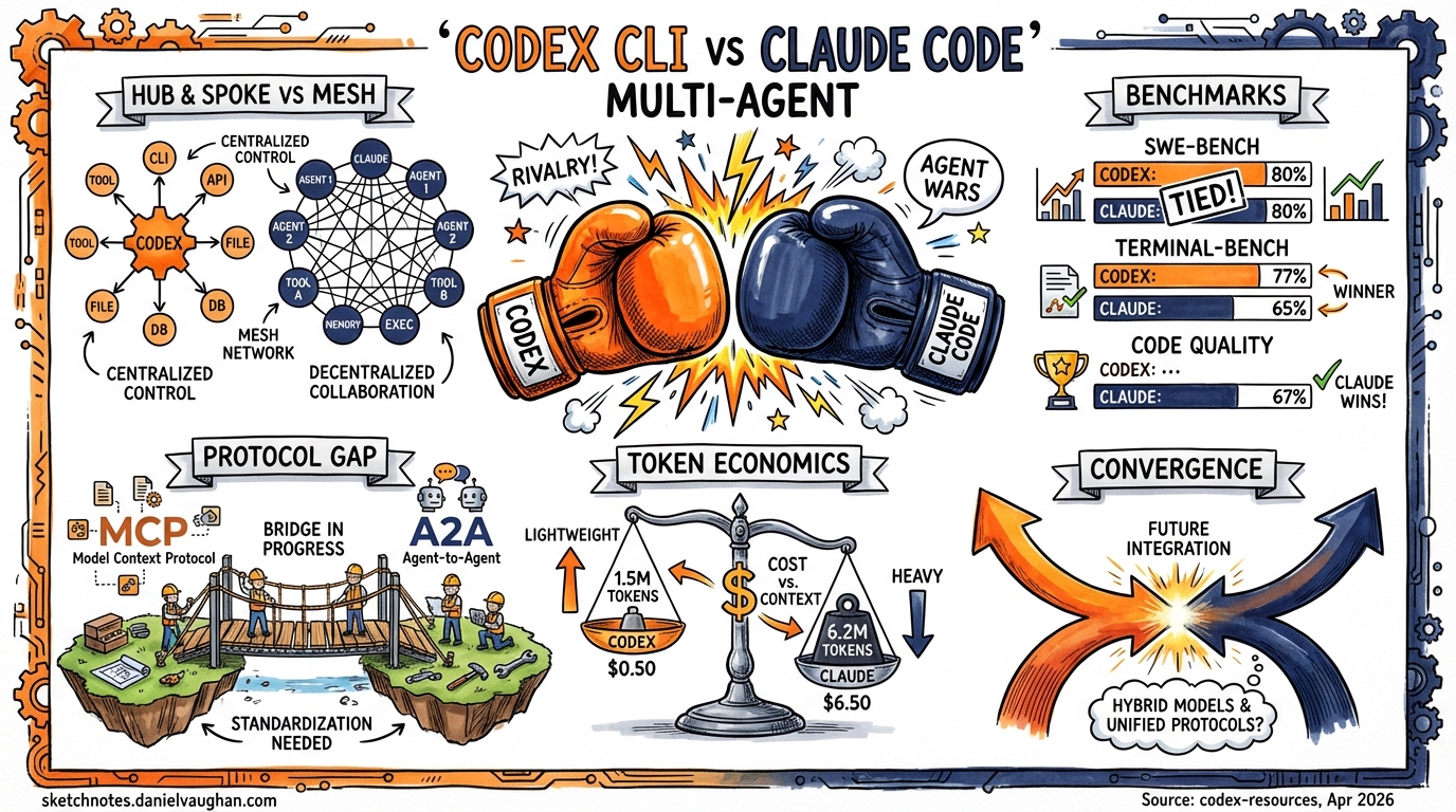 Sketchnote diagram for: Codex CLI vs Claude Code Multi-Agent: Subagents, Agent Teams and the Protocol Gap
