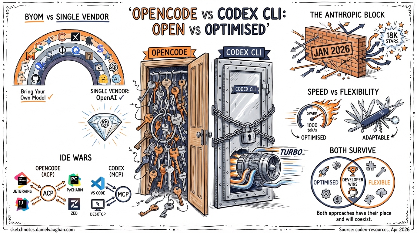 Sketchnote diagram for: OpenCode vs Codex CLI: The Open-Source Challenger With 75+ Model Providers