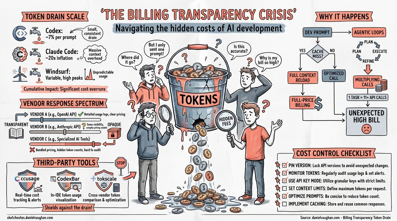 Sketchnote diagram for: Billing Transparency Crisis: Token Drain, Usage Limits, and the Trust Gap Across AI Coding Tools
