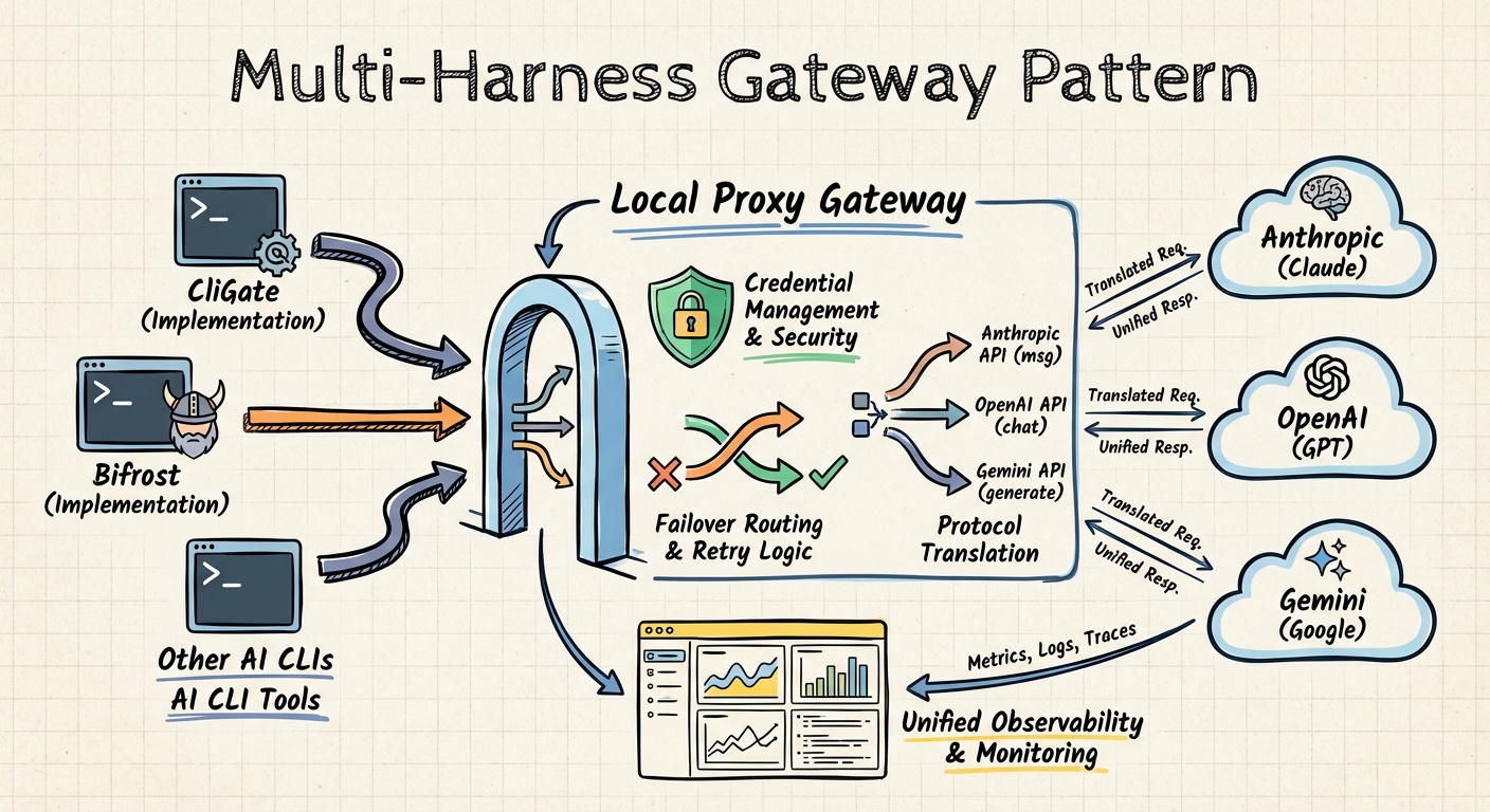 Sketchnote diagram for: CliGate, Bifrost, and the Multi-Harness Gateway Pattern