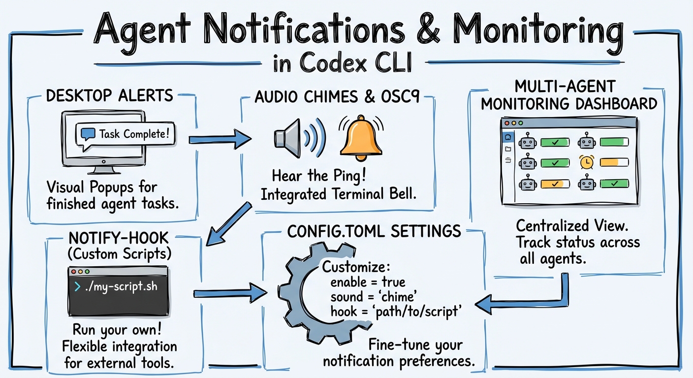 Sketchnote diagram for: Codex CLI Agent Notifications: Desktop Alerts, Audio Chimes, and Multi-Agent Monitoring