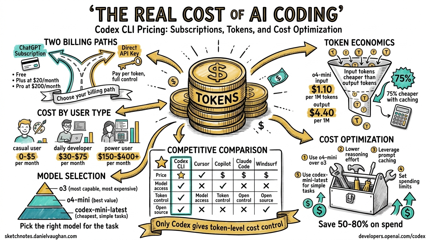 Sketchnote diagram for: The Complete Codex CLI Pricing Guide: Subscriptions, Tokens, Cost Optimisation, and Competitive Analysis