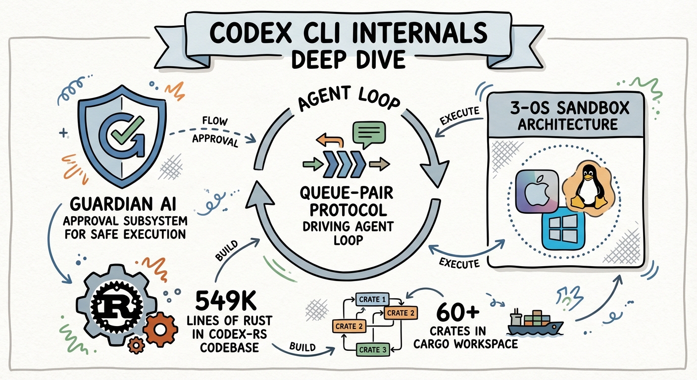 Sketchnote diagram for: Codex CLI Internals: Queue-Pair Protocol, Guardian AI, and 3-OS Sandbox Architecture