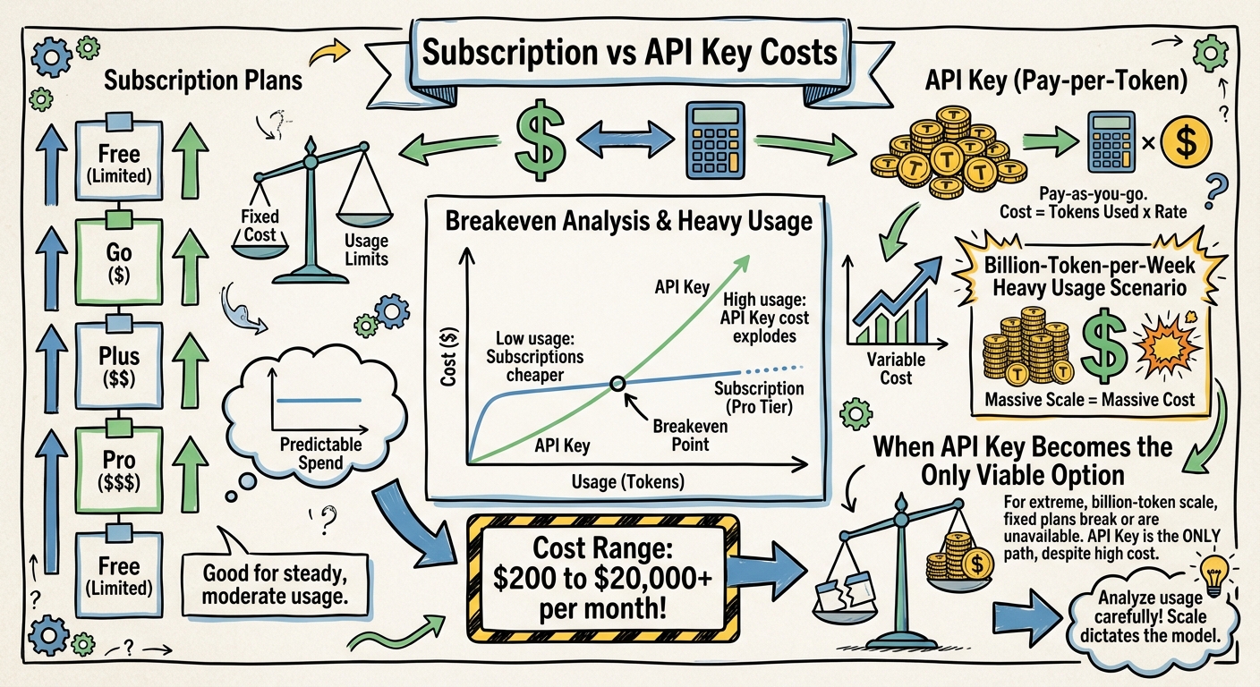Sketchnote diagram for: Subscription vs API Key: What Heavy Users Actually Consume and What It Costs on Codex CLI