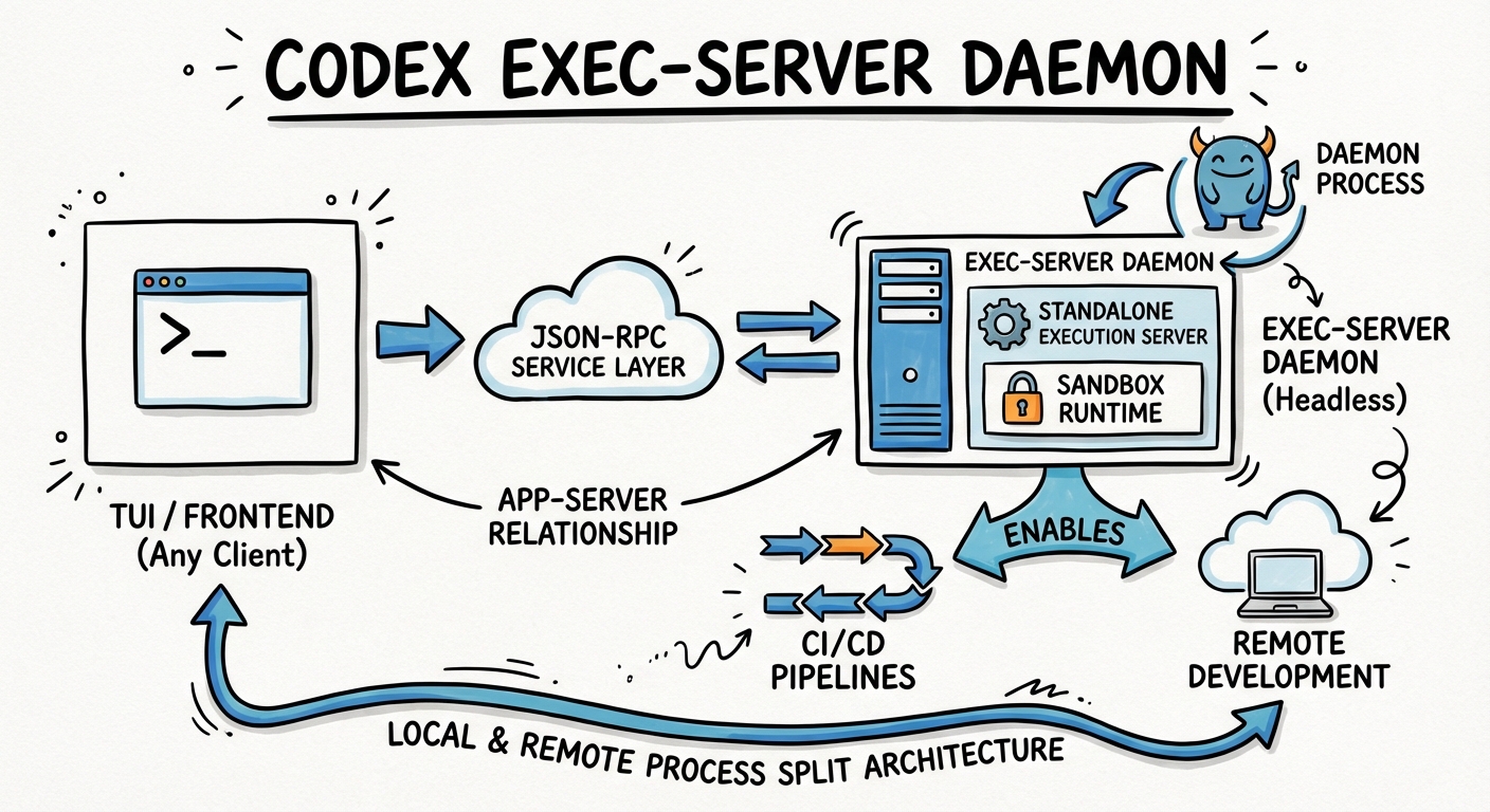 Sketchnote diagram for: The codex exec-server Subcommand: Foundation for Headless and Daemon-Mode Codex