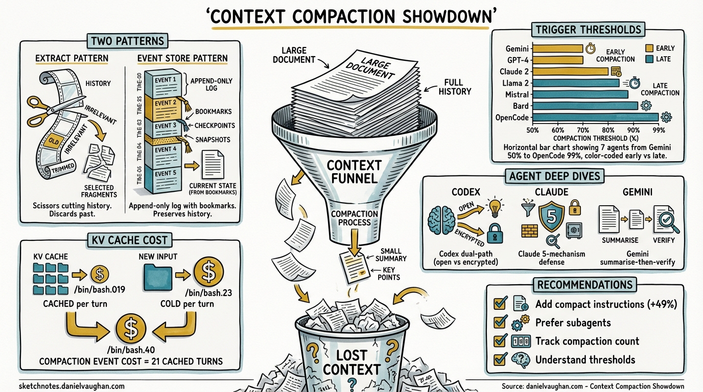 Sketchnote diagram for: Context Compaction Showdown: How Codex CLI, Claude Code, and 5 Other Agents Handle Full Context Windows