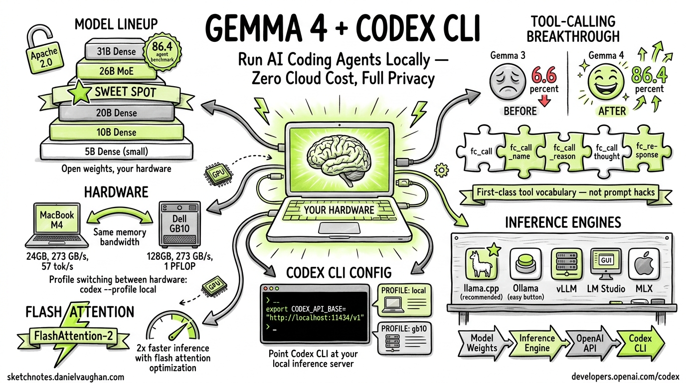Sketchnote: Gemma 4 Local Model + Codex CLI: Complete Setup Guide
