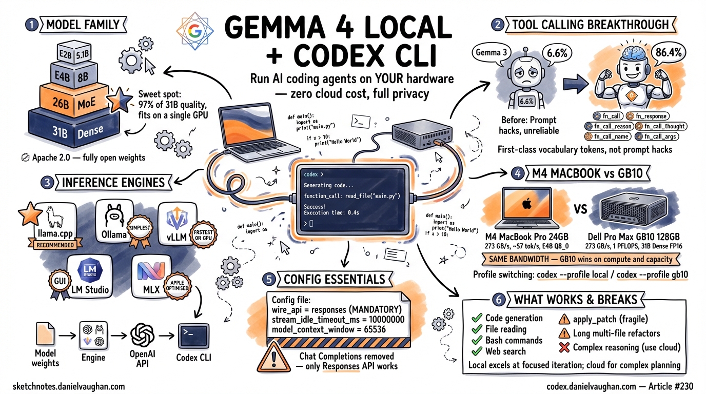 Sketchnote diagram for: Running Gemma 4 as a Local Model in the Codex CLI Harness: A Complete Setup Guide