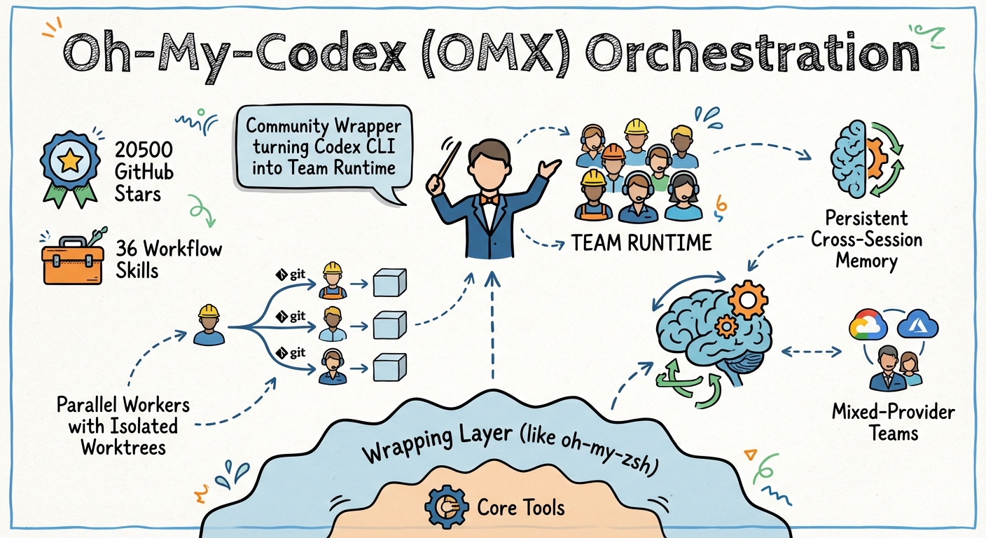 Sketchnote diagram for: Oh-My-Codex (OMX): The Community Orchestration Layer That Turns Codex CLI into a Team Runtime