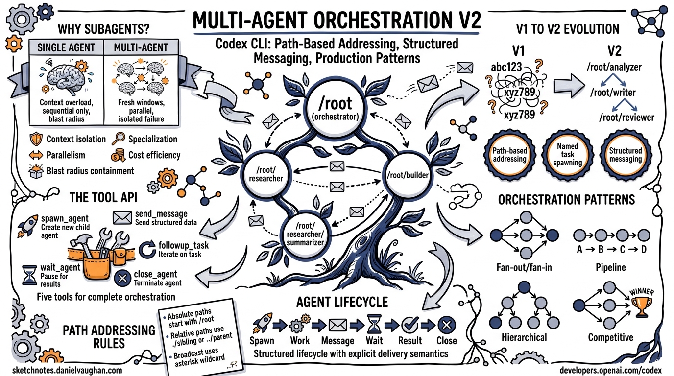 Sketchnote diagram for: Codex CLI Multi-Agent Orchestration v2: Complete Guide