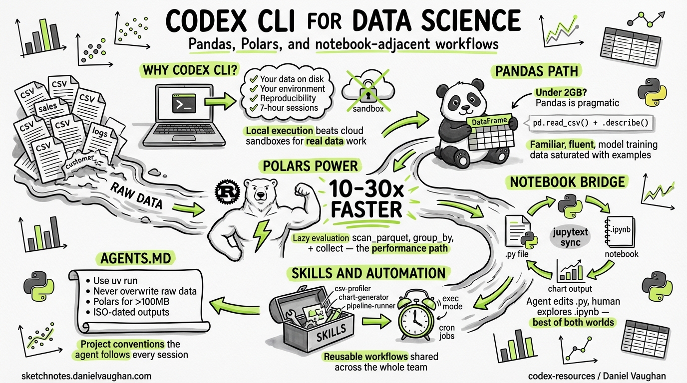 Sketchnote diagram for: Codex CLI for Data Science Teams: Pandas, Polars, and Notebook-Adjacent Workflows