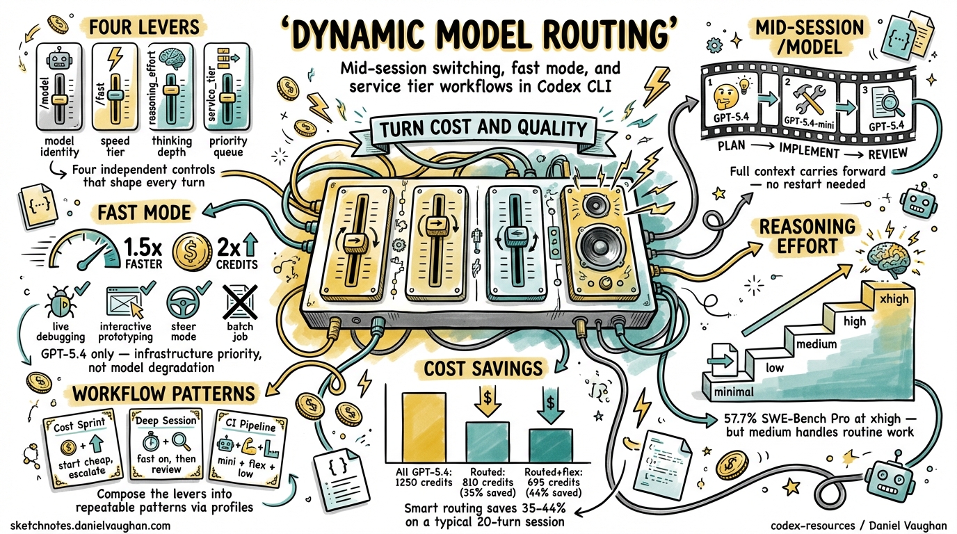 Sketchnote diagram for: Dynamic Model Routing in Codex CLI: Mid-Session Switching, /fast Mode, and Service Tier Workflows