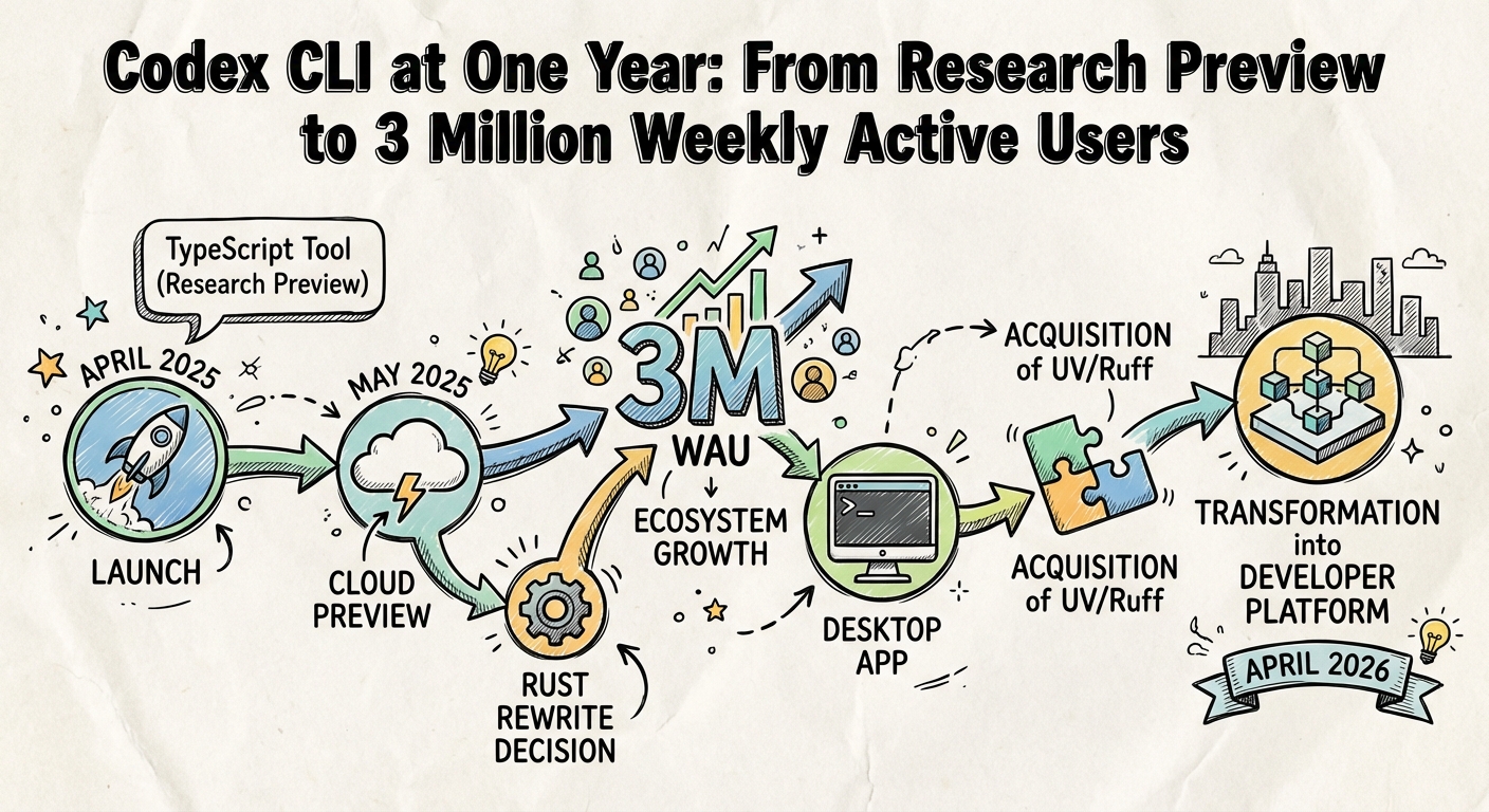 Sketchnote diagram for: Codex CLI at One Year: From Research Preview to 3 Million Weekly Active Users