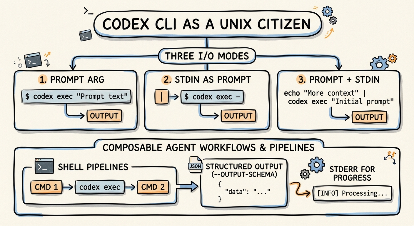 Sketchnote diagram for: Codex CLI as a Unix Citizen: Prompt-Plus-Stdin, Shell Pipelines, and Composable Agent Workflows