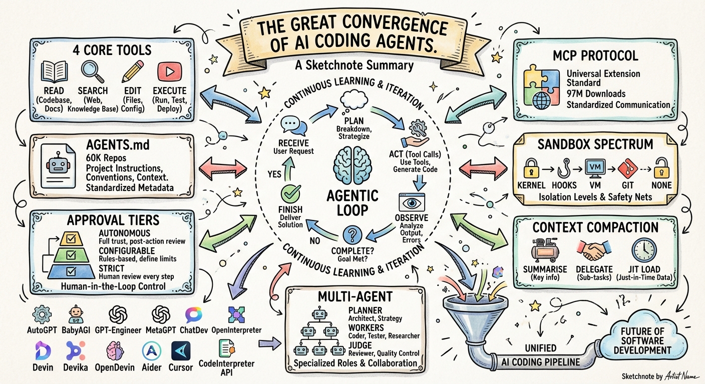 Sketchnote diagram for: The Great Convergence: Why Every AI Coding Agent Now Runs the Same Pipeline