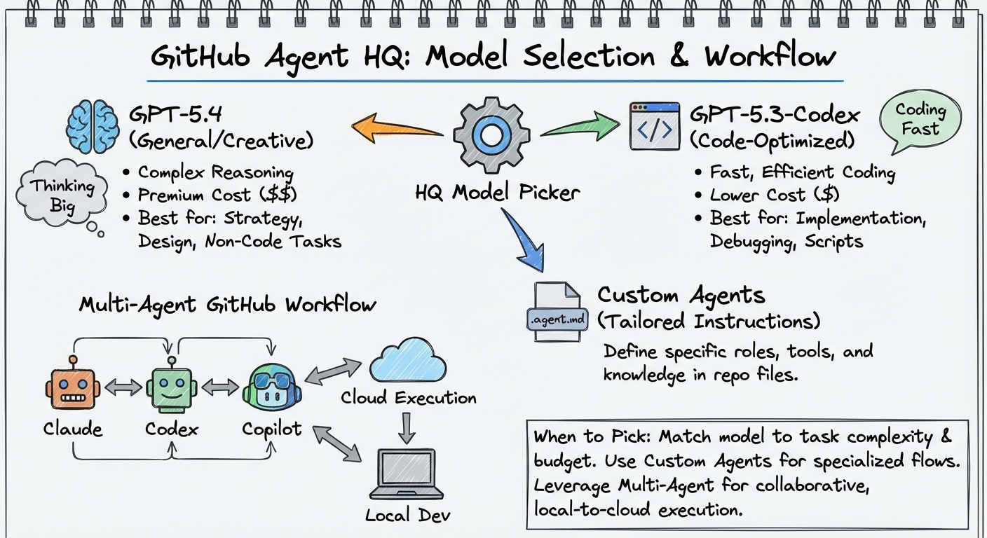Sketchnote diagram for: GitHub Agent HQ Model Selection: Choosing GPT-5.4 vs GPT-5.3-Codex, Custom Agents, and the Multi-Agent GitHub Workflow