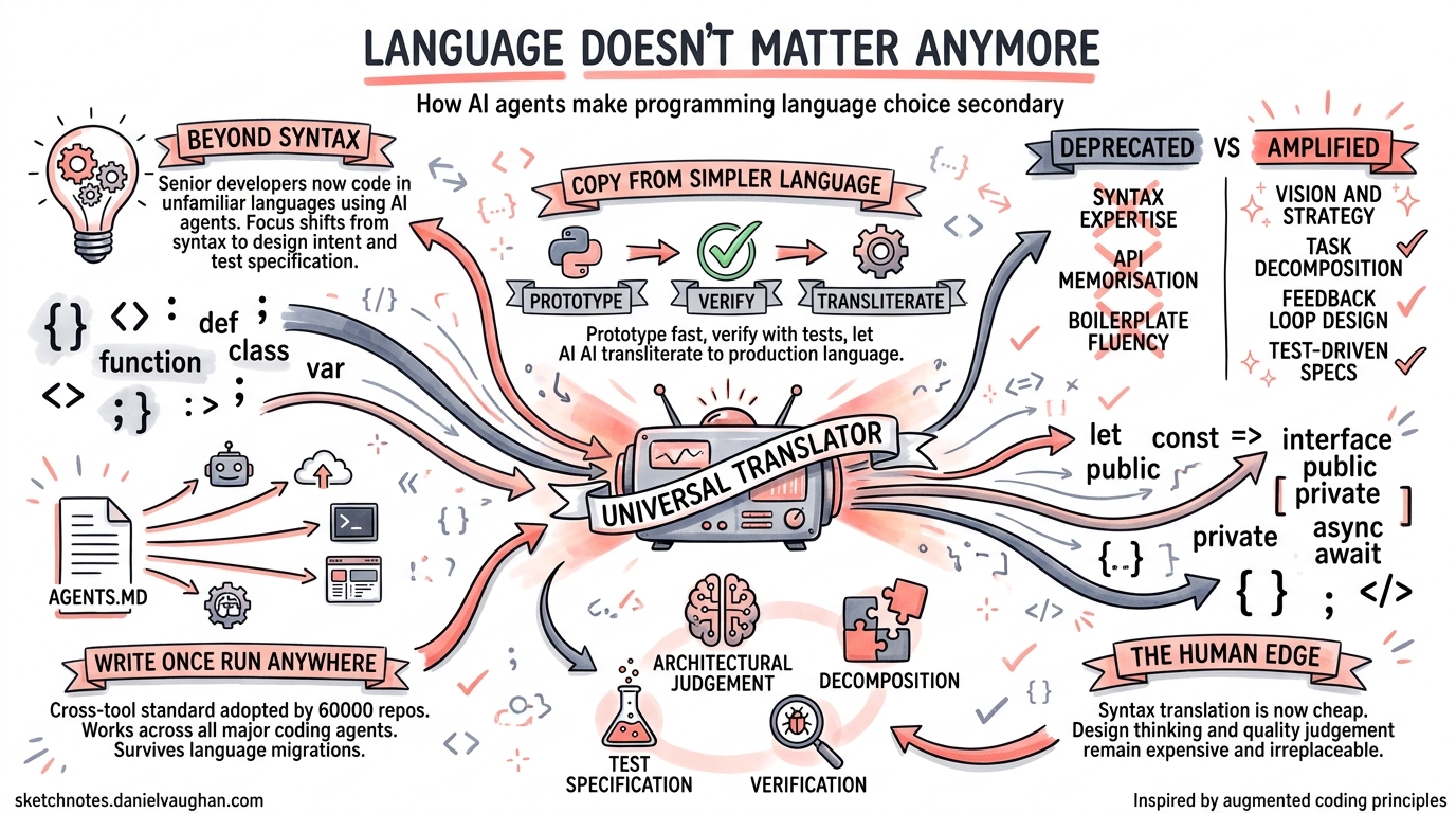 Sketchnote diagram for: Language Doesn't Matter Anymore: What Kent Beck's Shift Means for Coding Agents