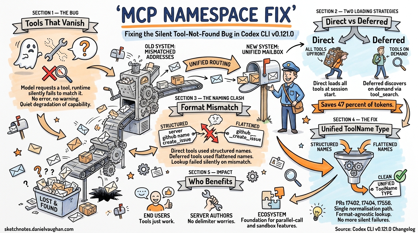 Sketchnote diagram for: MCP Tool Namespace Unification: Fixing the Silent Tool-Not-Found Bug