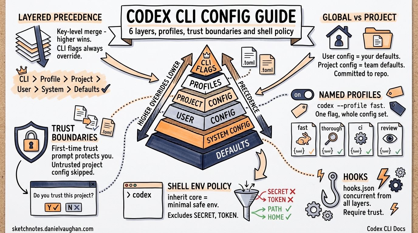 Sketchnote diagram for: Codex CLI Configuration Complete Guide: Hierarchy, Profiles, and Trust