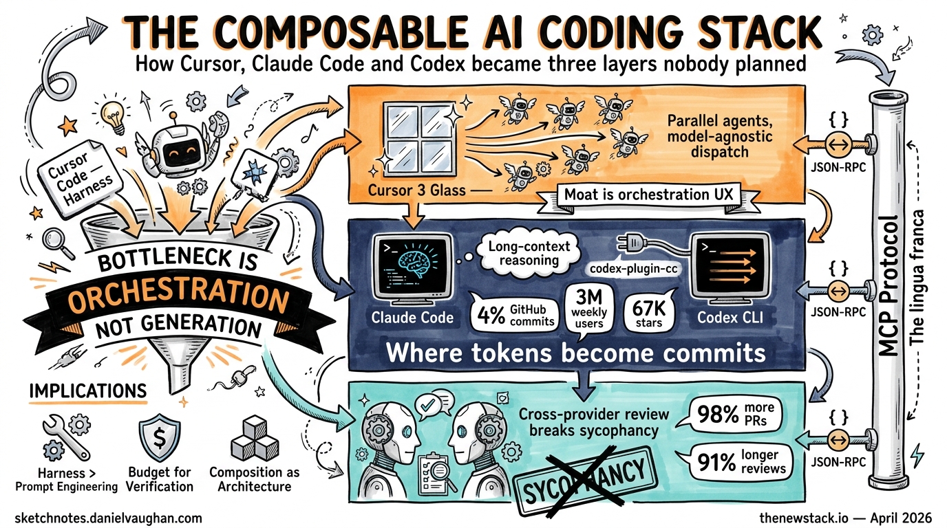 Sketchnote diagram for: The Composable AI Coding Stack: How Cursor, Claude Code, and Codex Became Three Layers