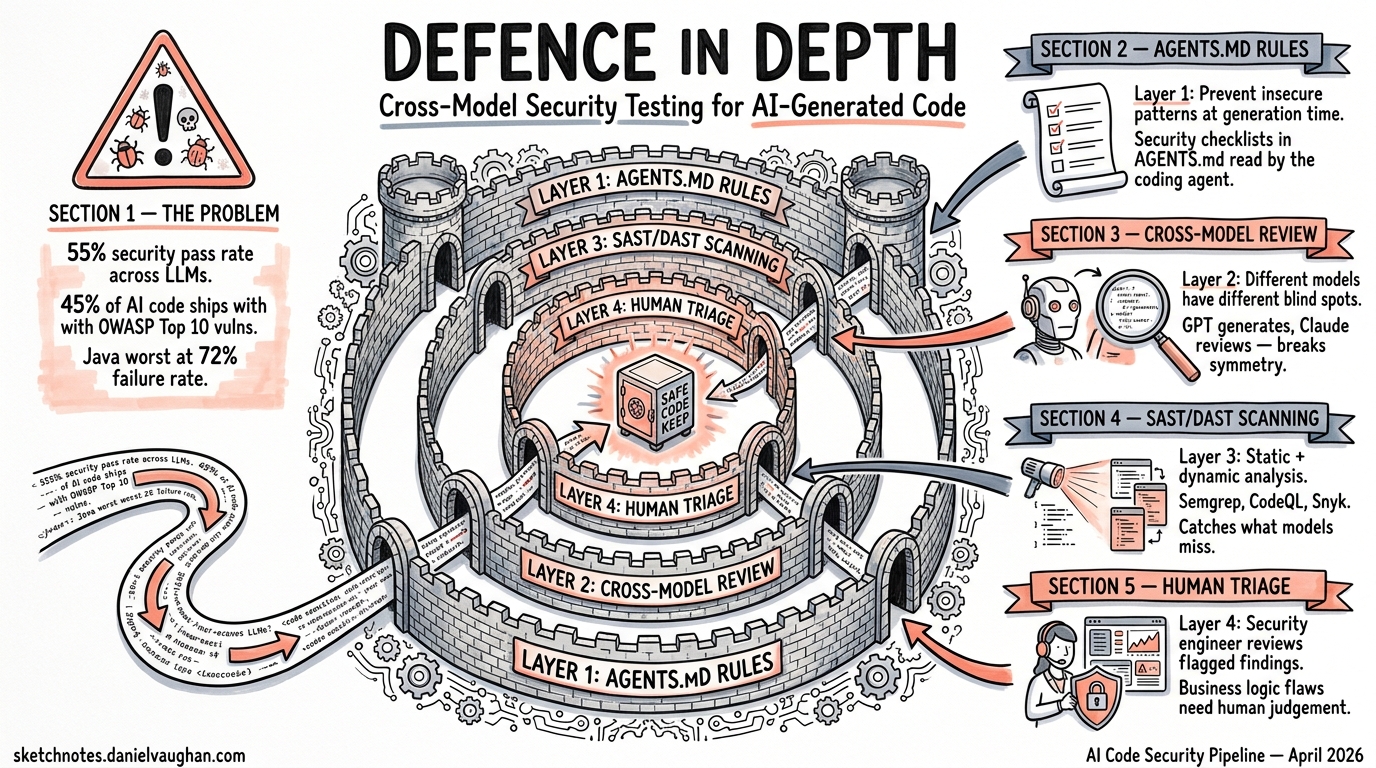 Sketchnote diagram for: Cross-Model Security Testing for AI-Generated Code: Building a Defence-in-Depth Pipeline