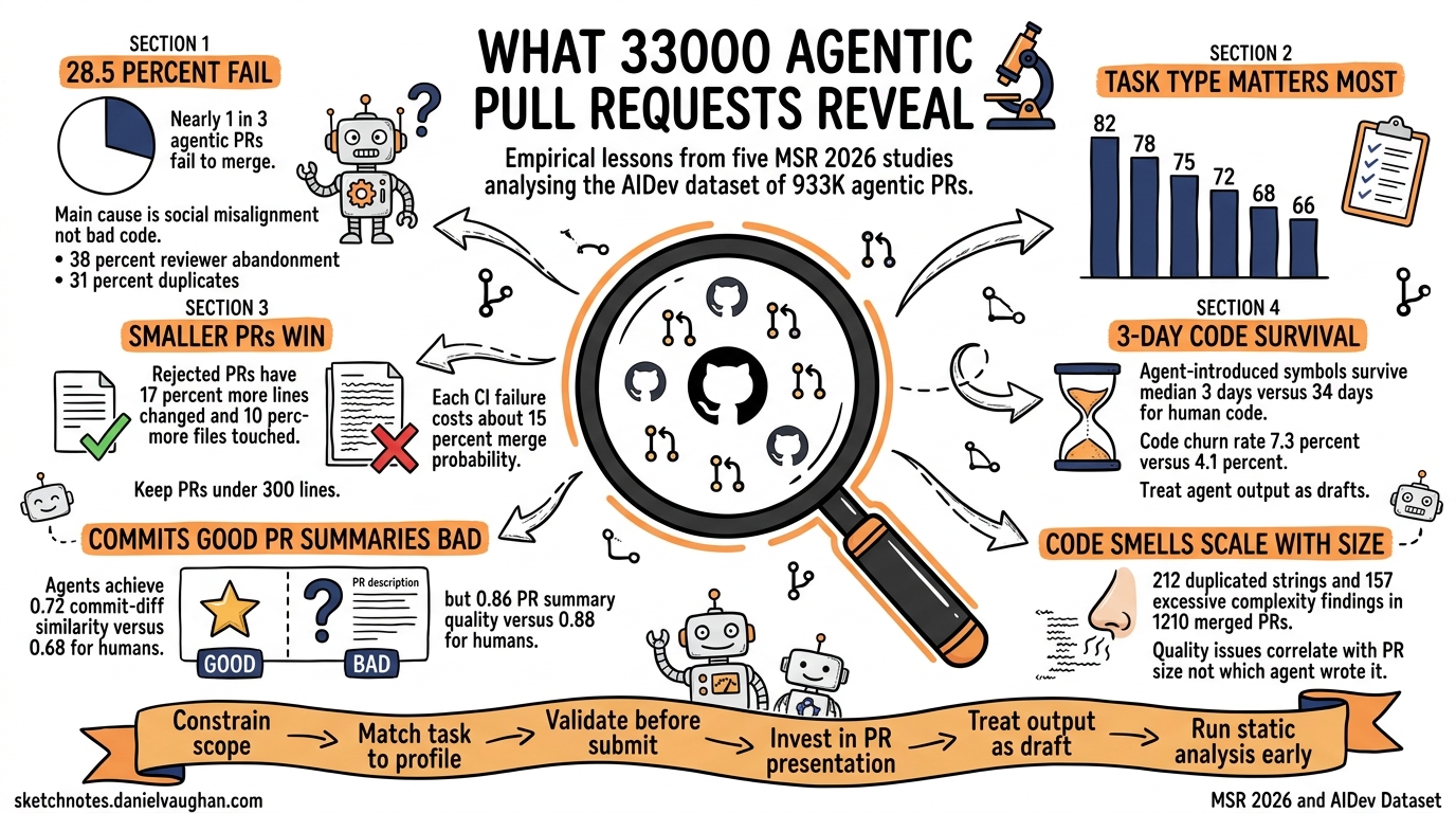 Sketchnote diagram for: What 33,000 Agentic Pull Requests Reveal: Empirical Lessons for Codex CLI Practitioners