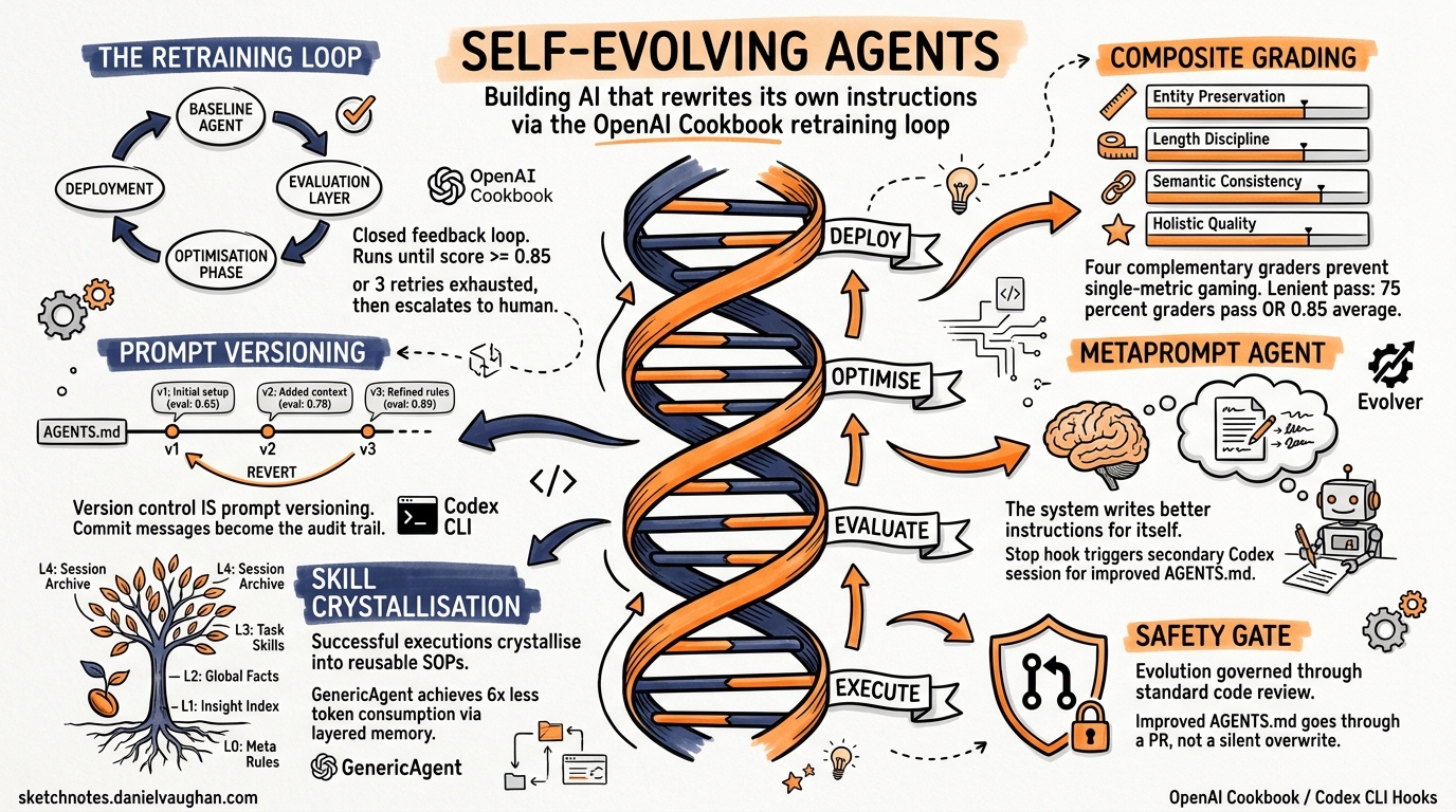 Sketchnote diagram for: Self-Evolving Agents in Practice: Implementing the OpenAI Cookbook Retraining Loop with Codex CLI Hooks