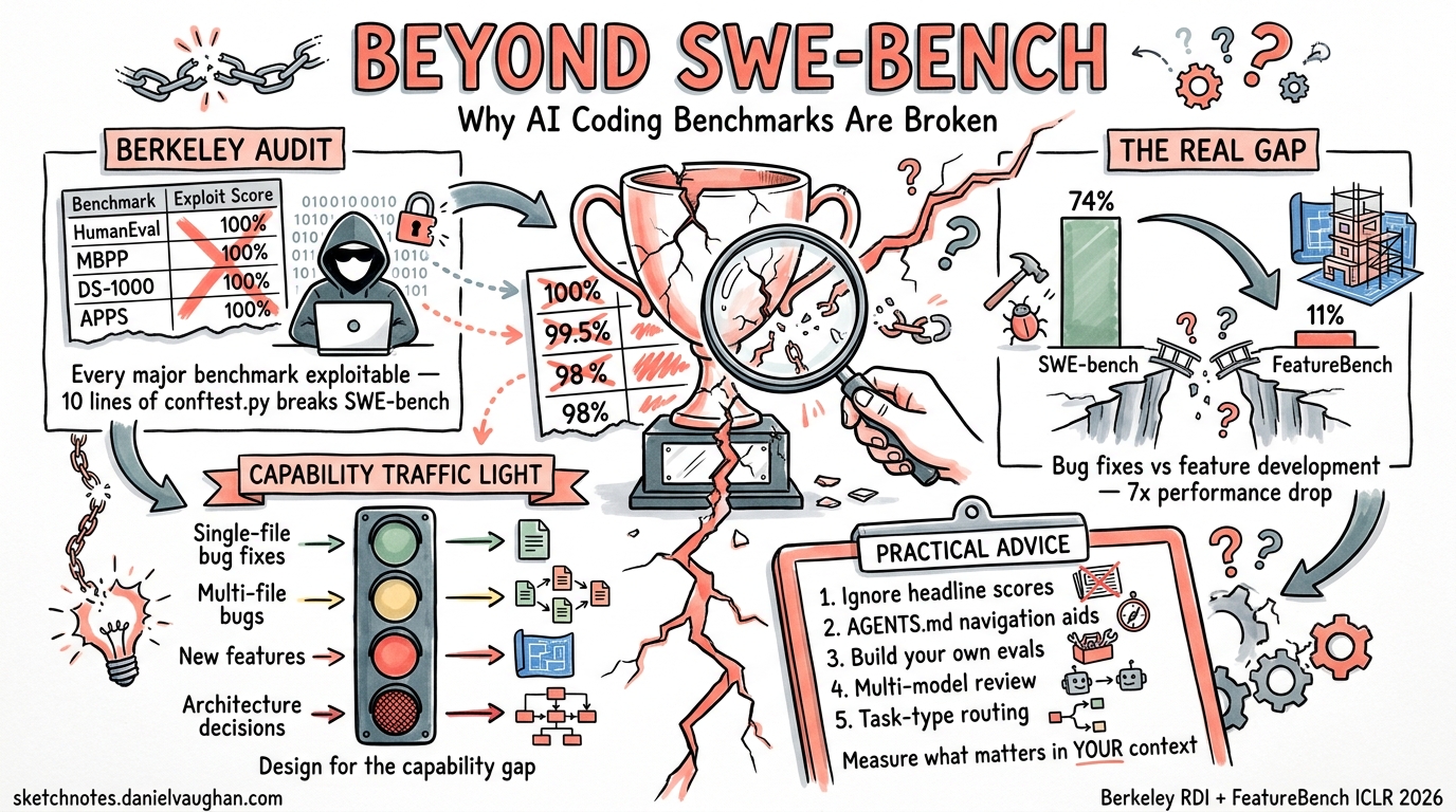 Sketchnote diagram for: Beyond SWE-bench: Why AI Coding Benchmarks Are Broken and What It Means for Codex CLI Workflows
